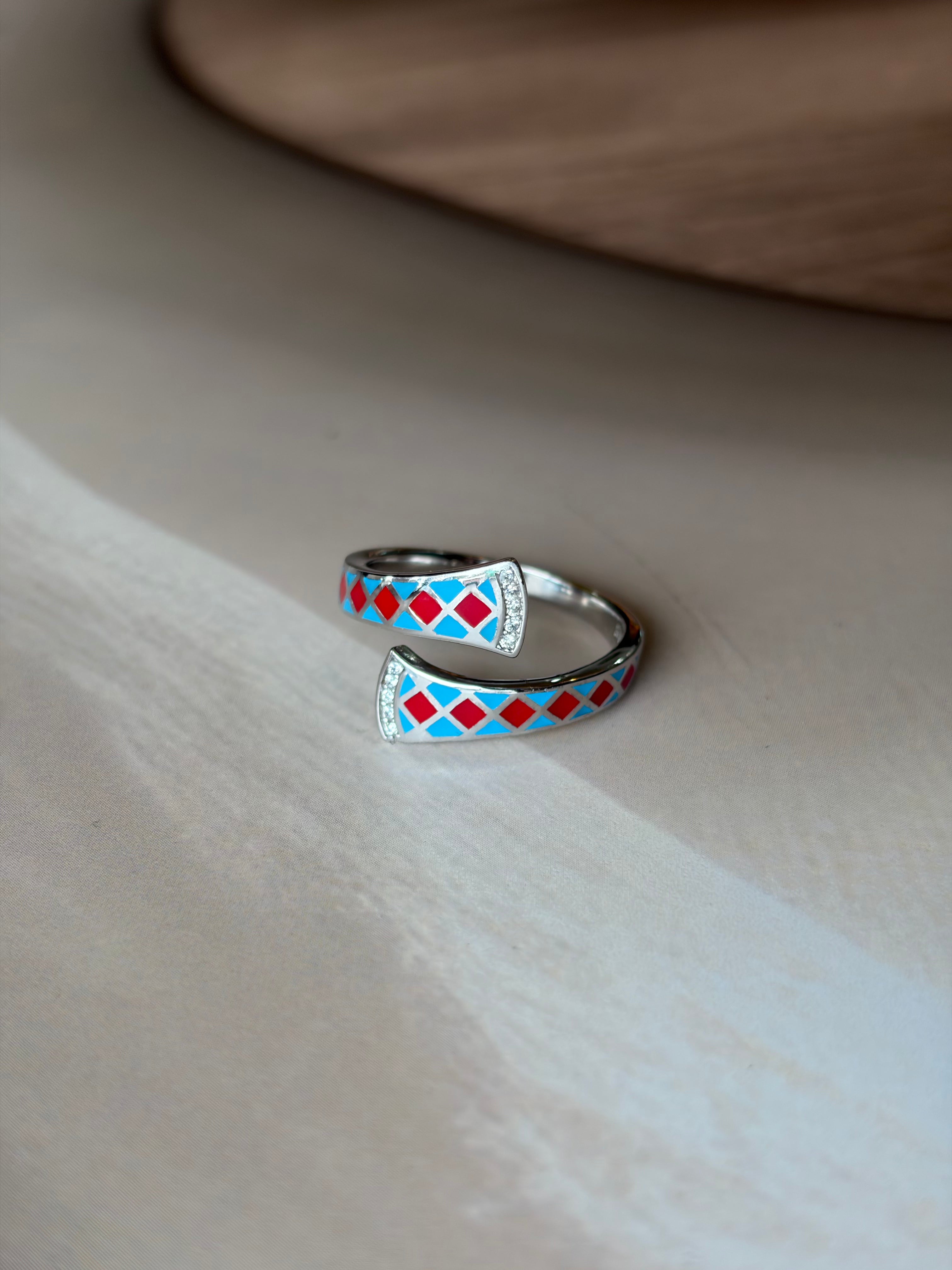 Mosaic 925 Silver Enamel Open Ring