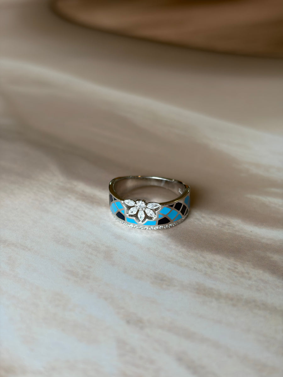 Aarika 925 Silver Blue Enamel Floral Ring