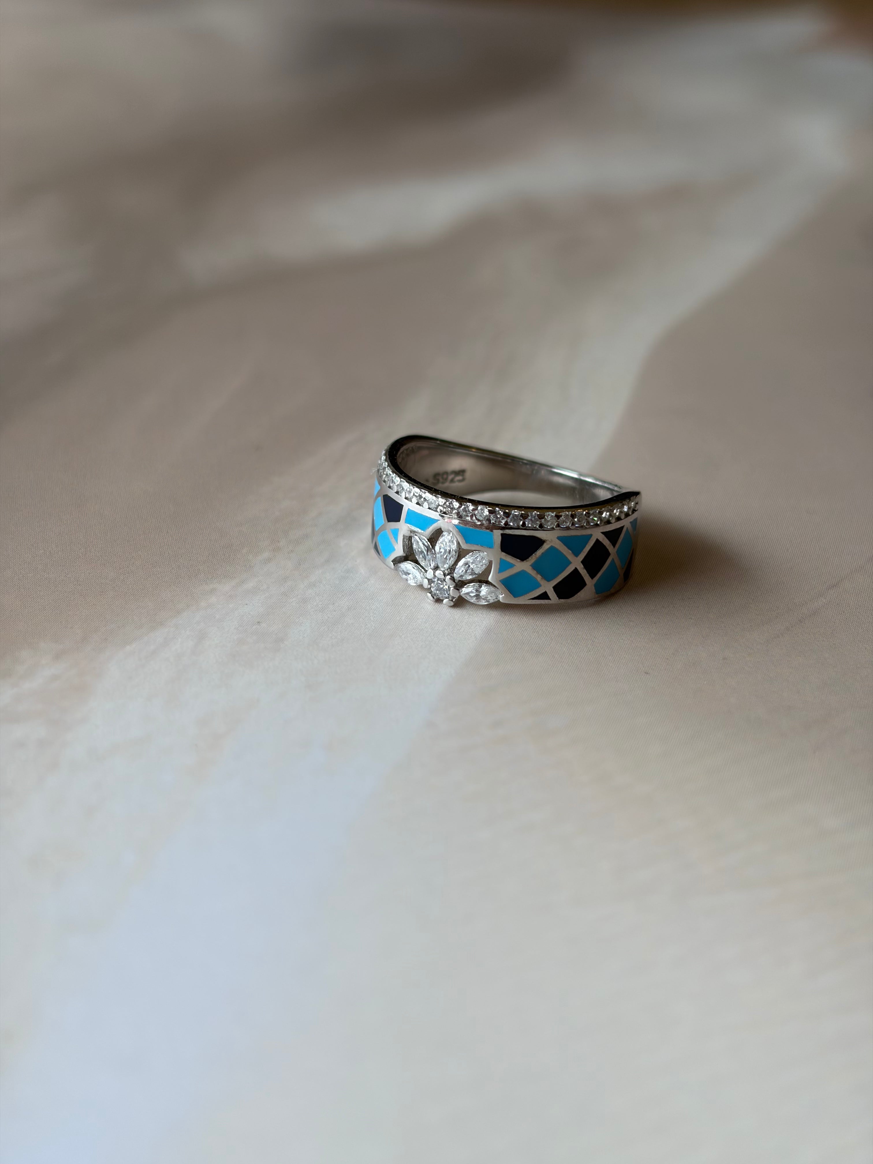 Aarika 925 Silver Blue Enamel Floral Ring