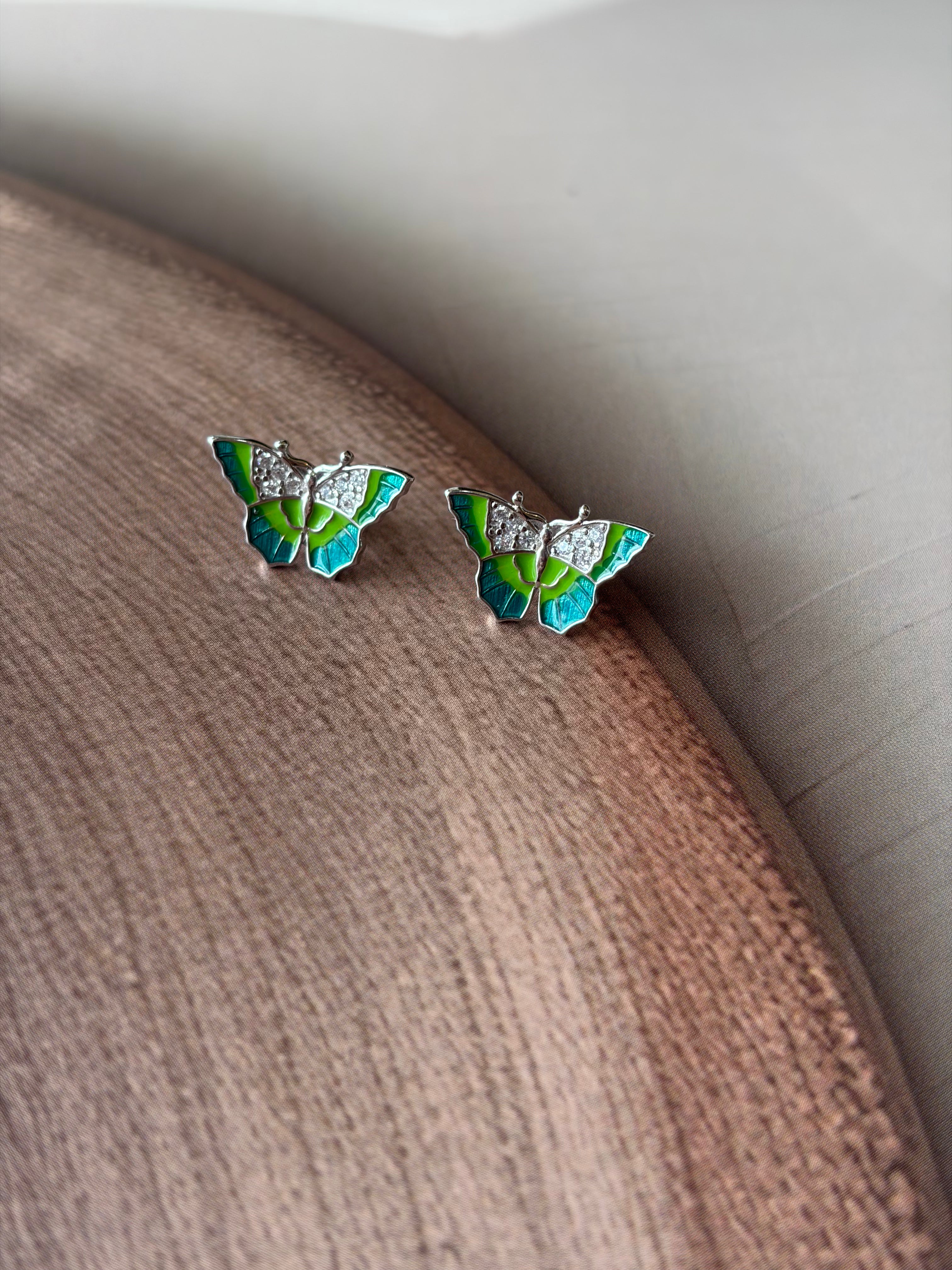 Mihira 925 Silver Green & Blue Enamel Butterfly Earrings