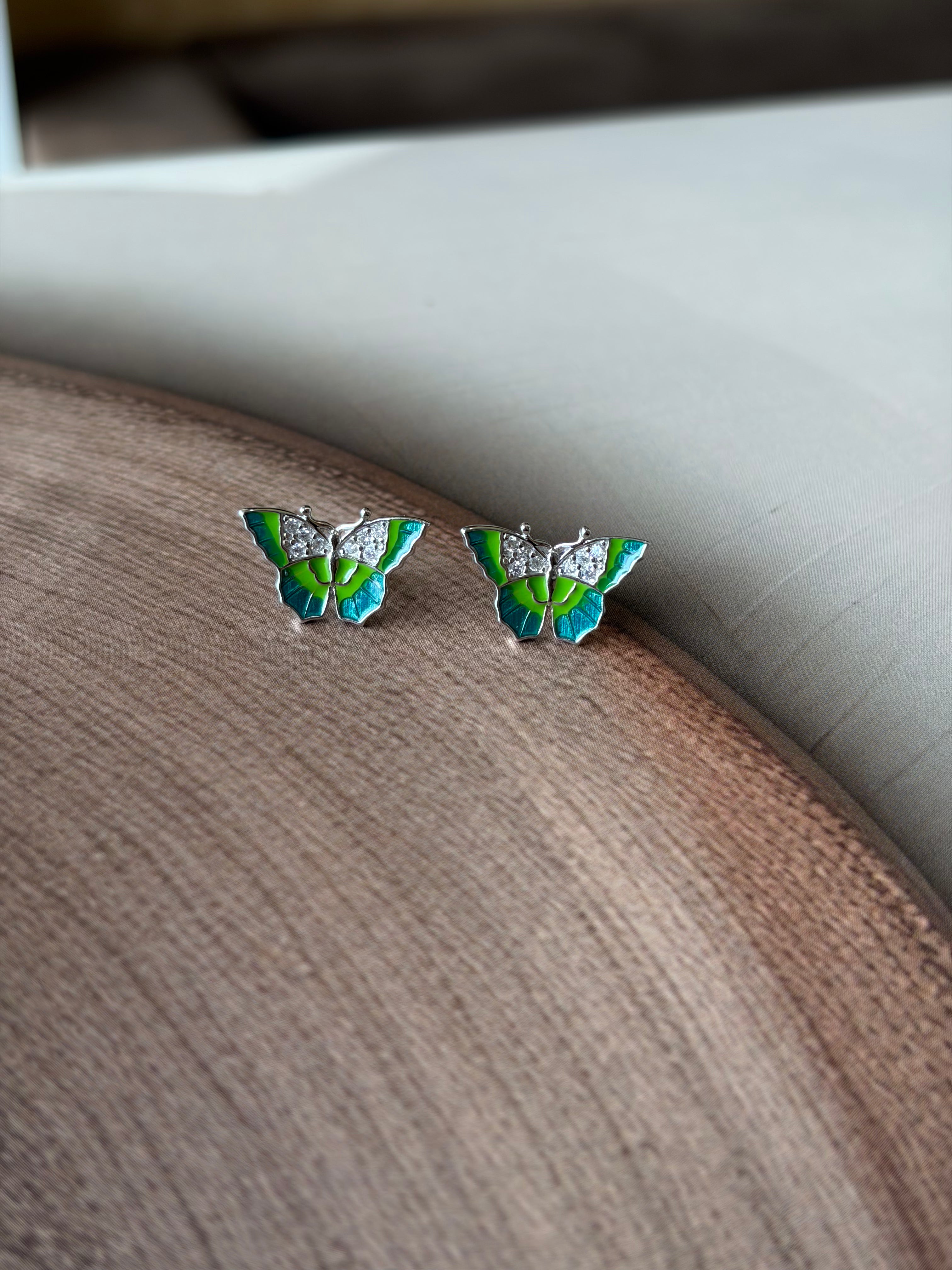 Mihira 925 Silver Green & Blue Enamel Butterfly Earrings