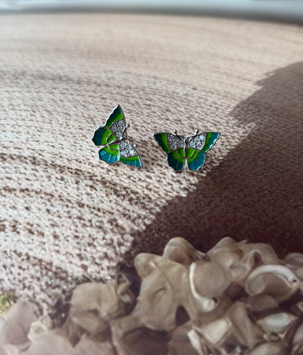 Mihira 925 Silver Green & Blue Enamel Butterfly Earrings