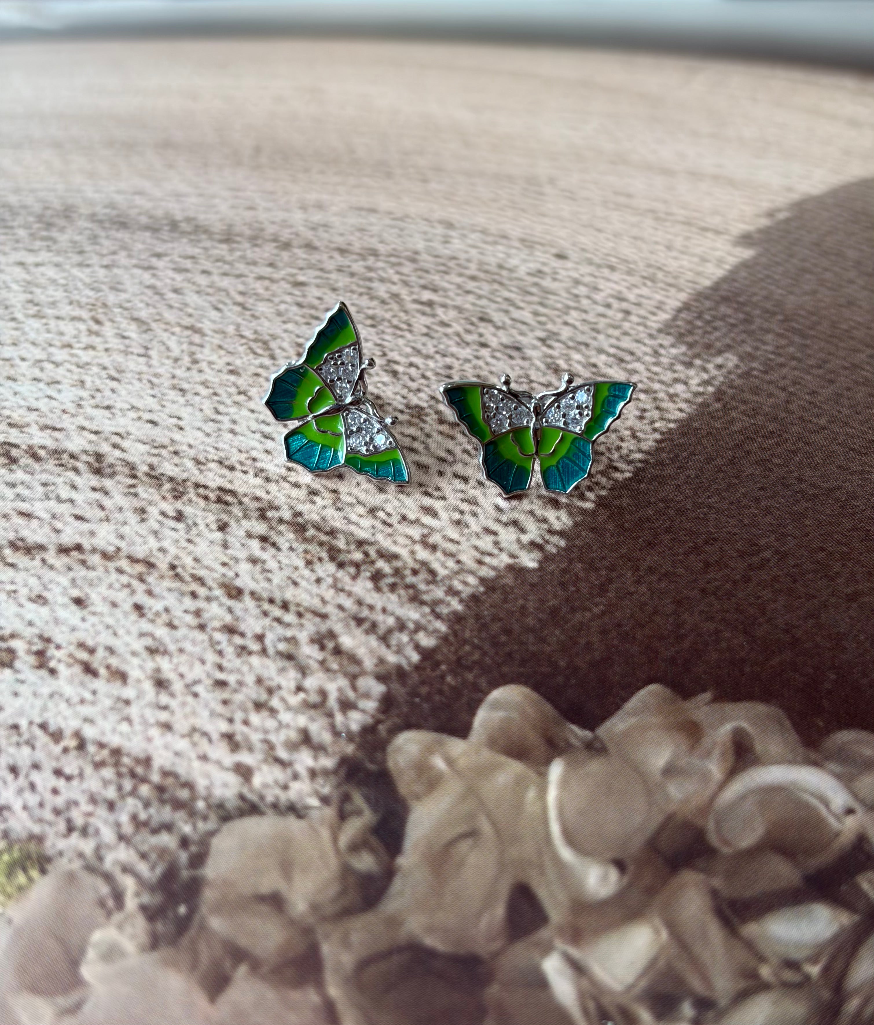 Mihira 925 Silver Green & Blue Enamel Butterfly Earrings