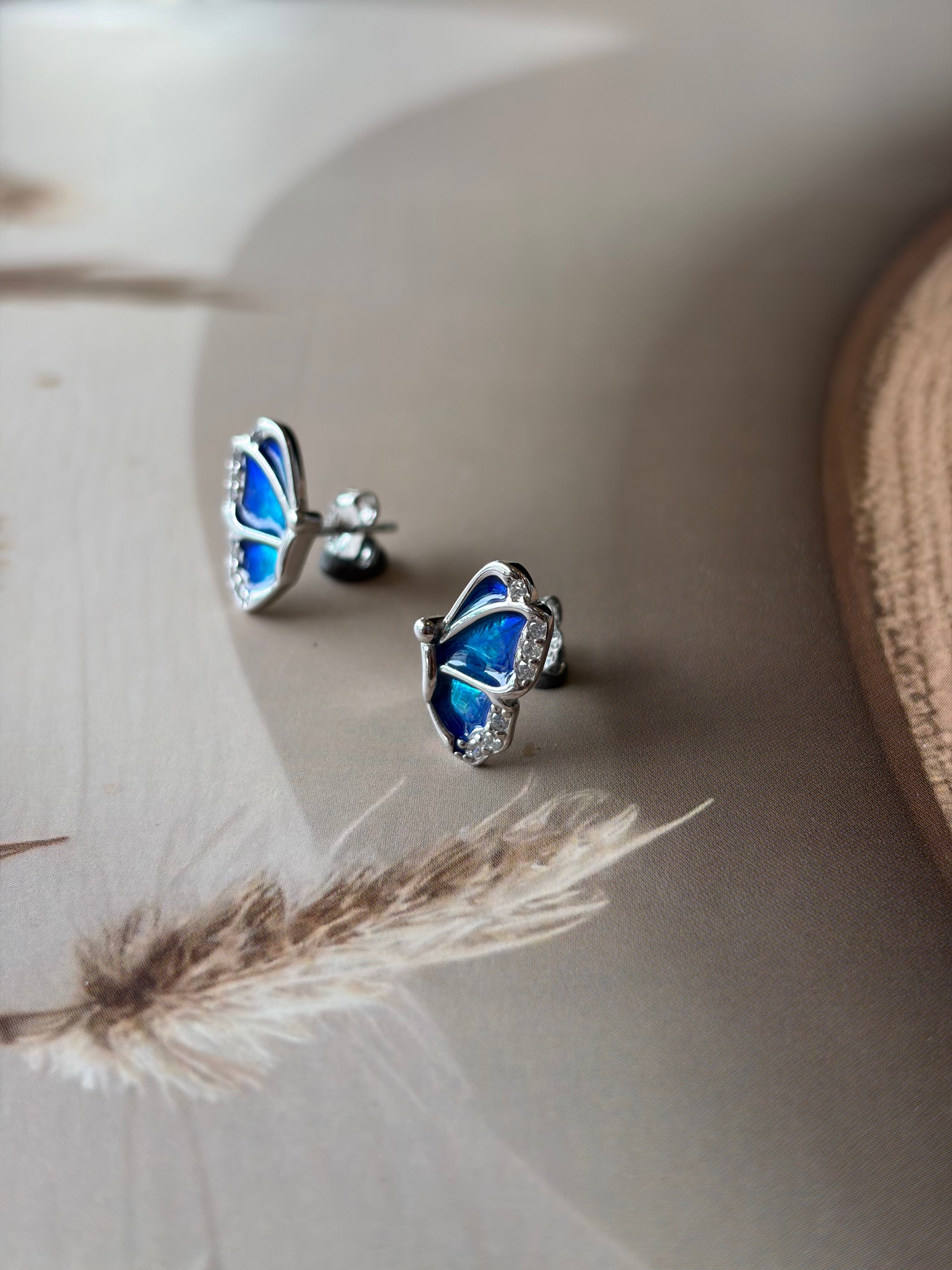 Aurelia 925 Silver Blue Enamel Butterfly Stud Earrings