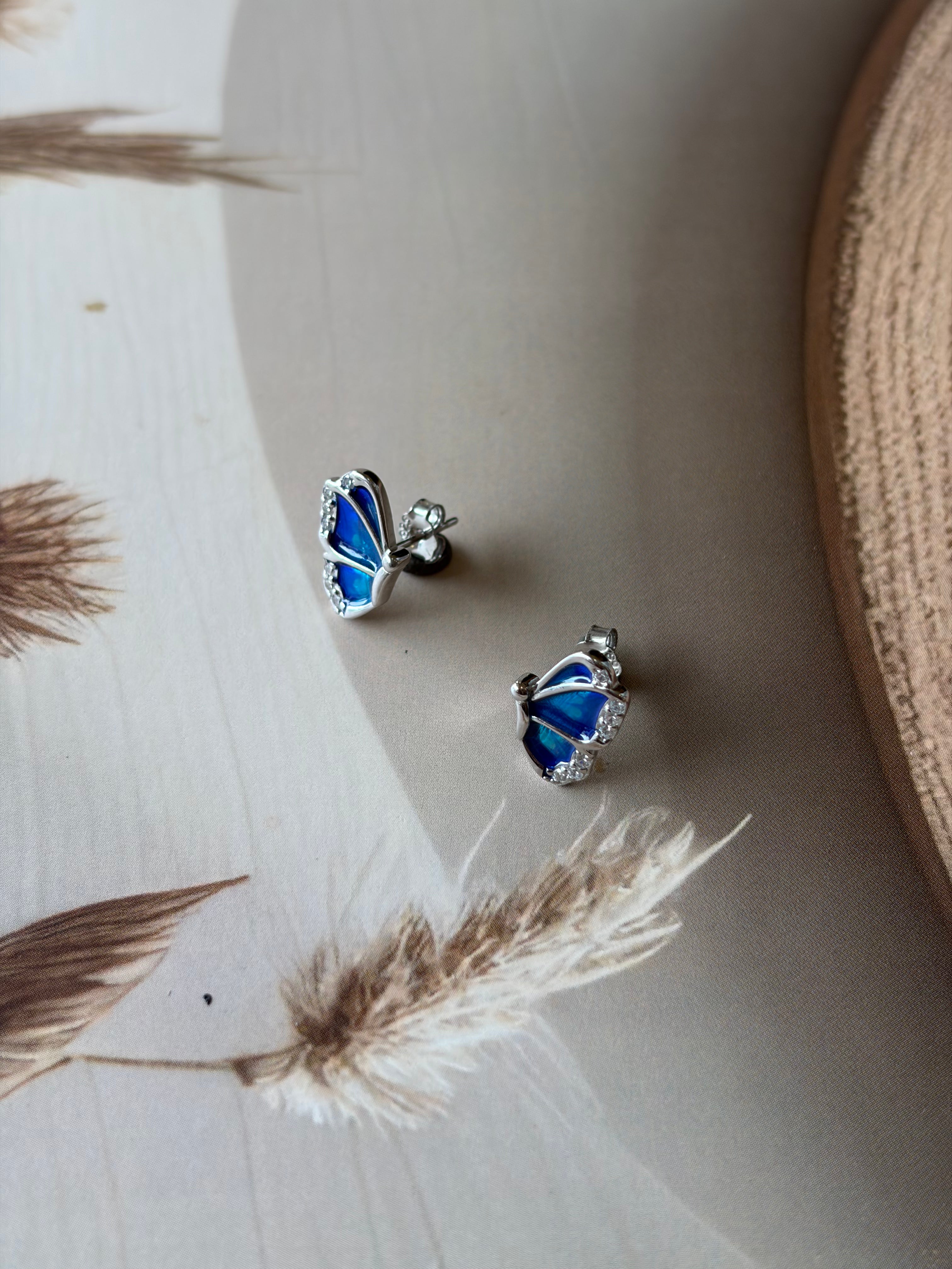 Aurelia 925 Silver Blue Enamel Butterfly Stud Earrings