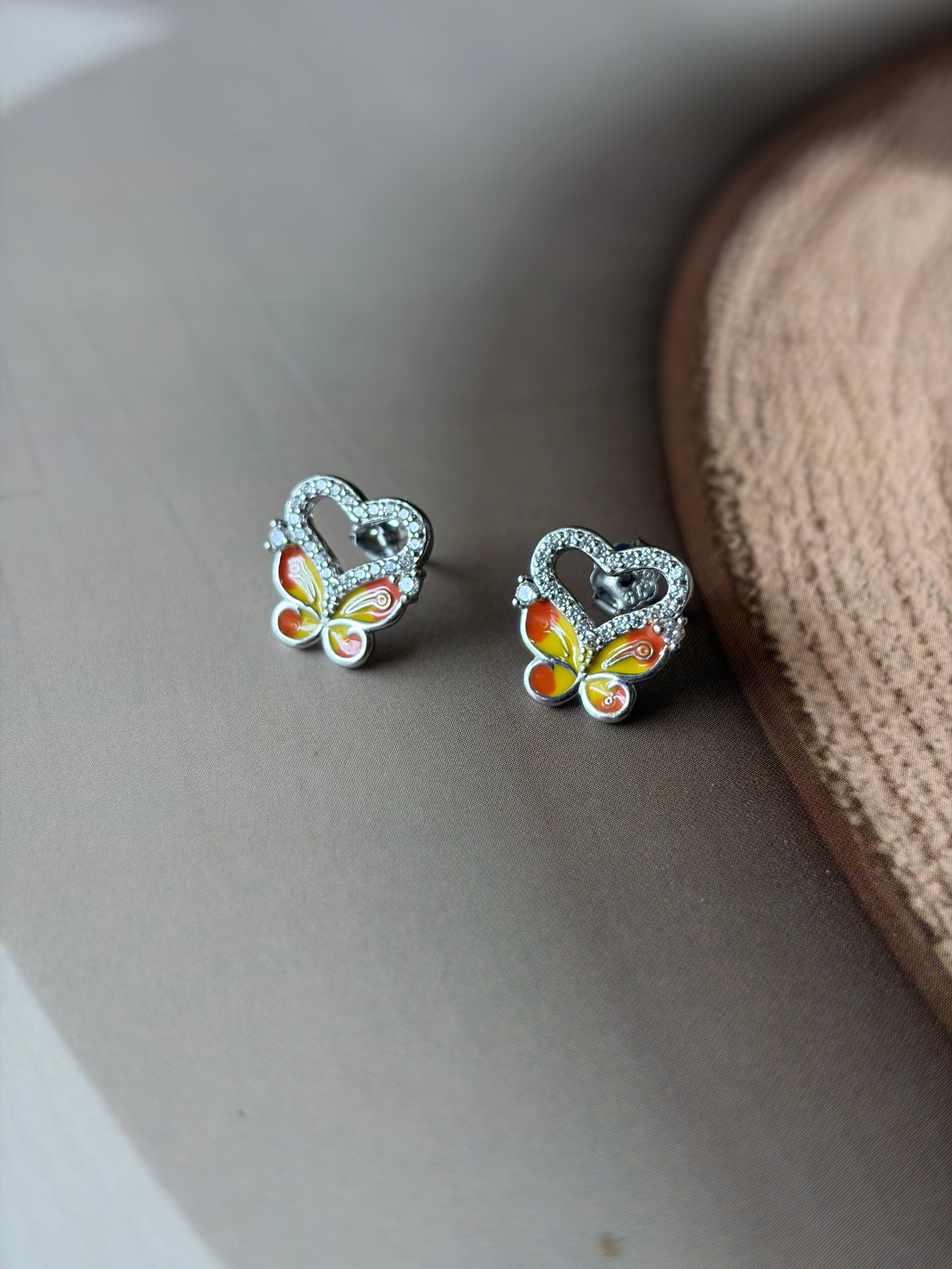 Anaya 925 Silver Orange & Yellow Enamel Butterfly Stud Earrings