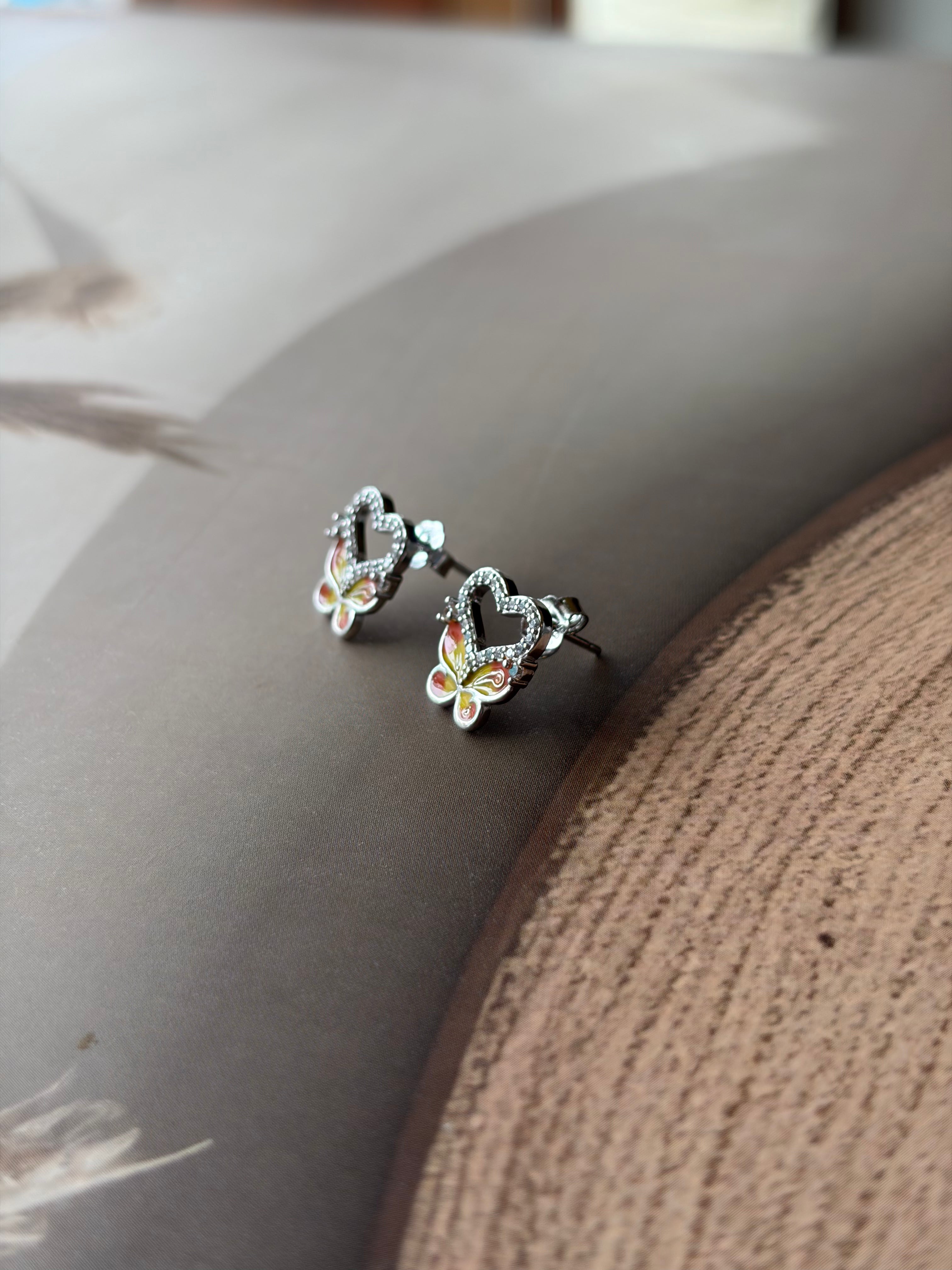 Anaya 925 Silver Orange & Yellow Enamel Butterfly Stud Earrings