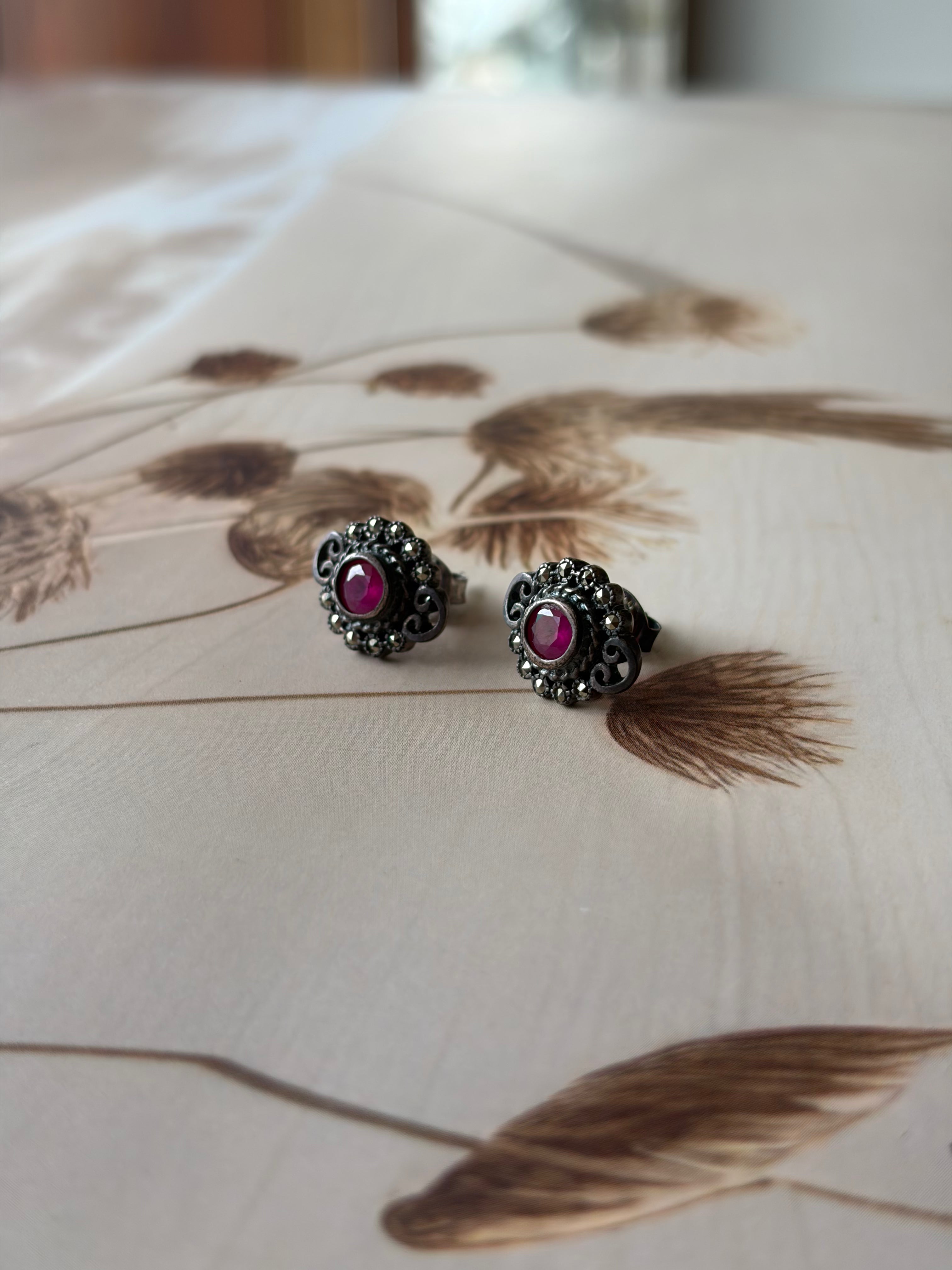 Nayra 925 Silver Ruby-Tone Floral Stud Earrings