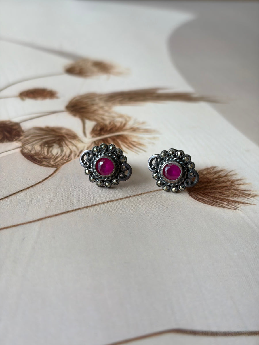 Nayra 925 Silver Ruby-Tone Floral Stud Earrings