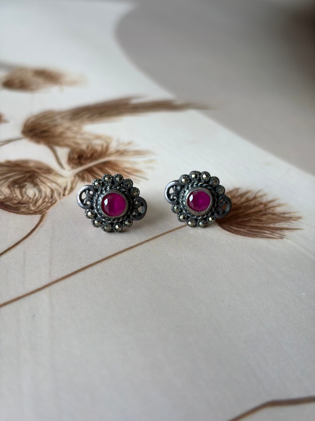 Nayra 925 Silver Ruby-Tone Floral Stud Earrings