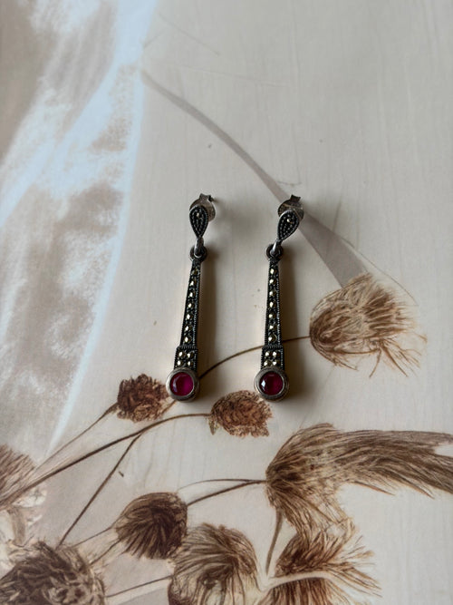 Suhana 925 Silver Ruby Long Drop Earrings