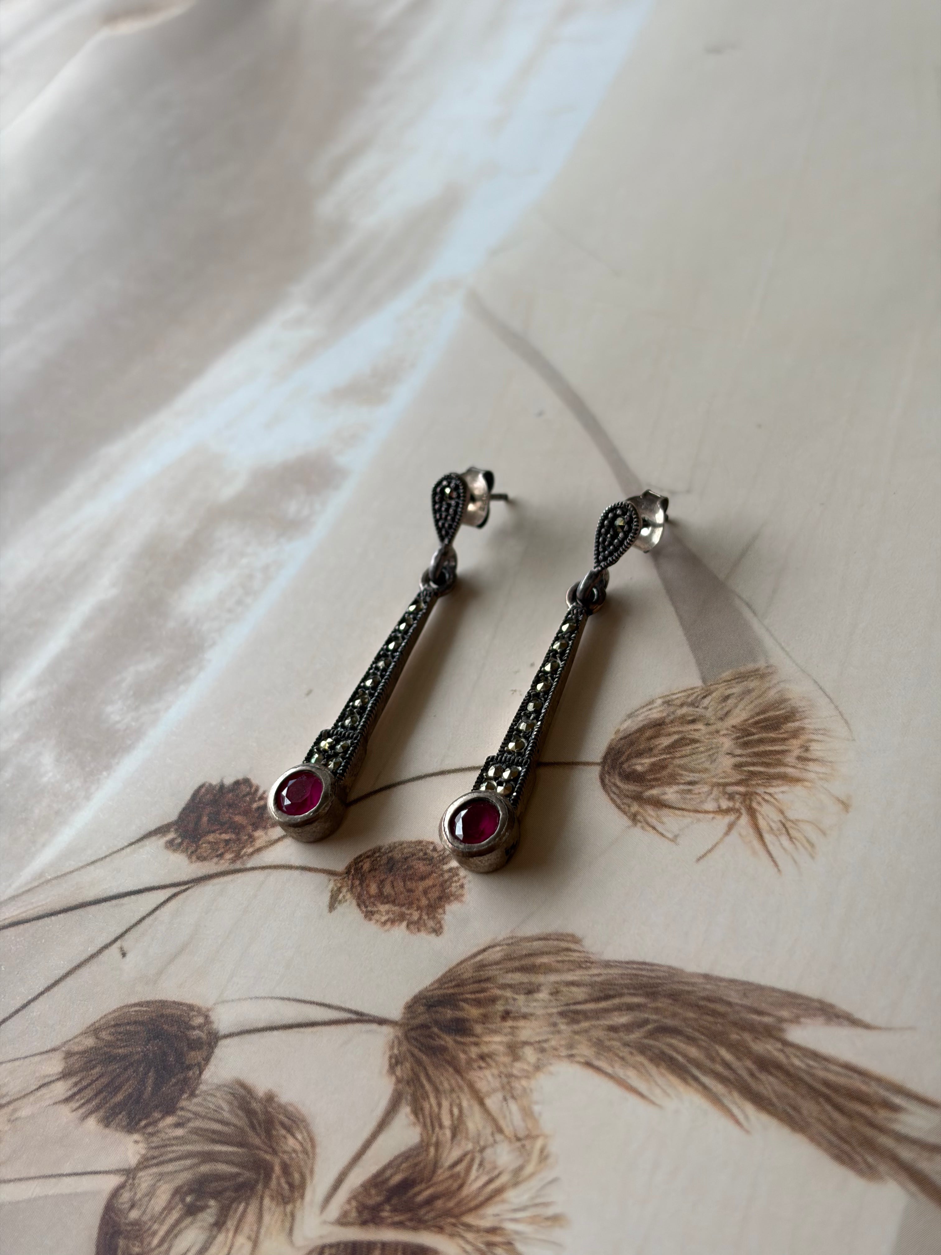 Suhana 925 Silver Ruby Long Drop Earrings