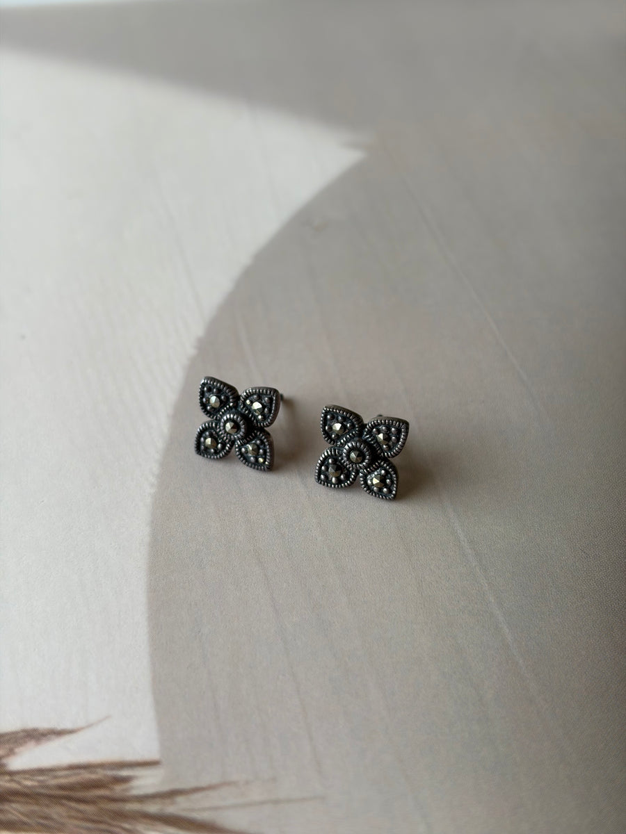 Maira 925 Silver Oxidised Floral Stud Earrings
