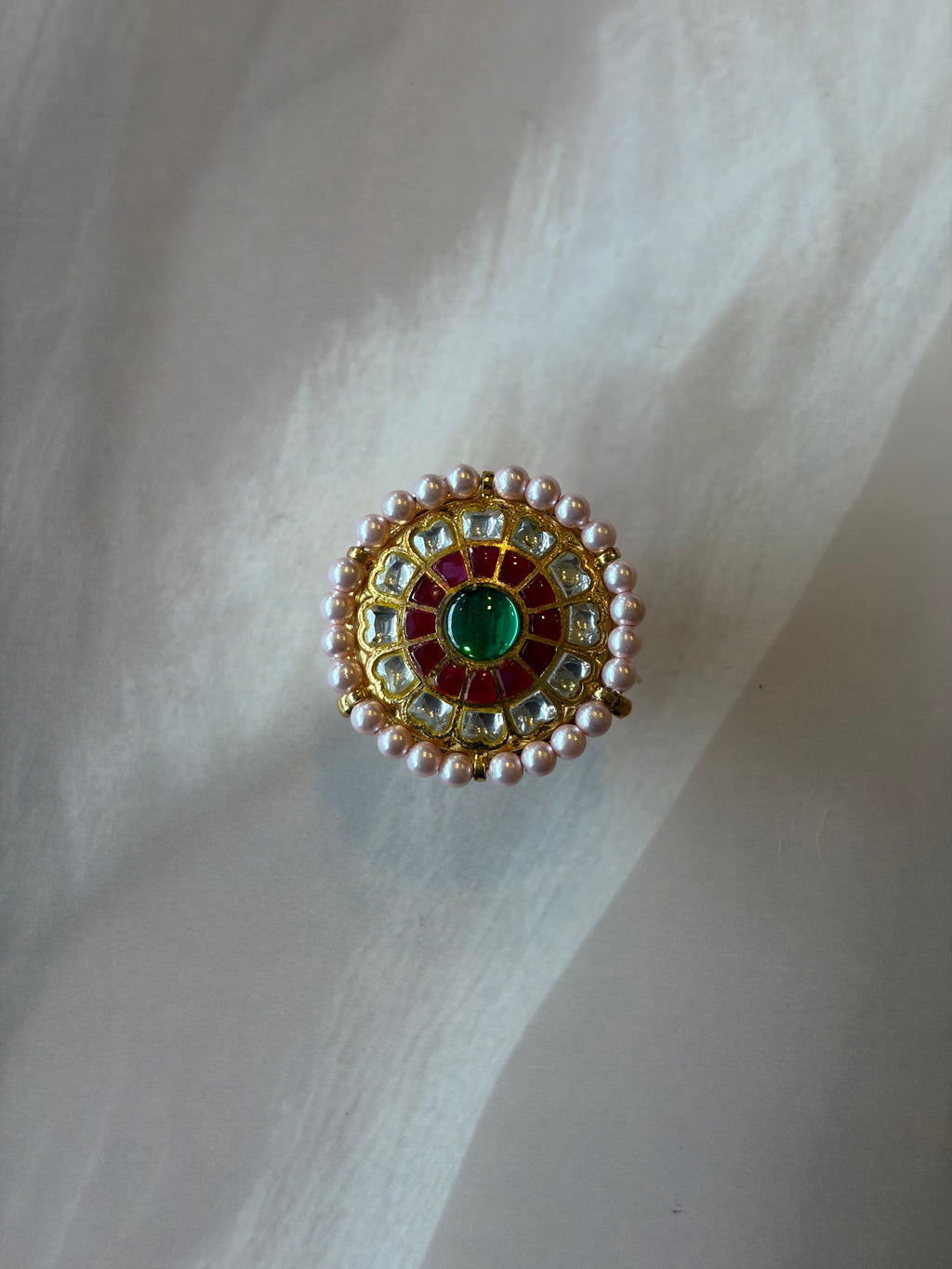 Green Centre Stone Red & White Gold Plated Rakhadi