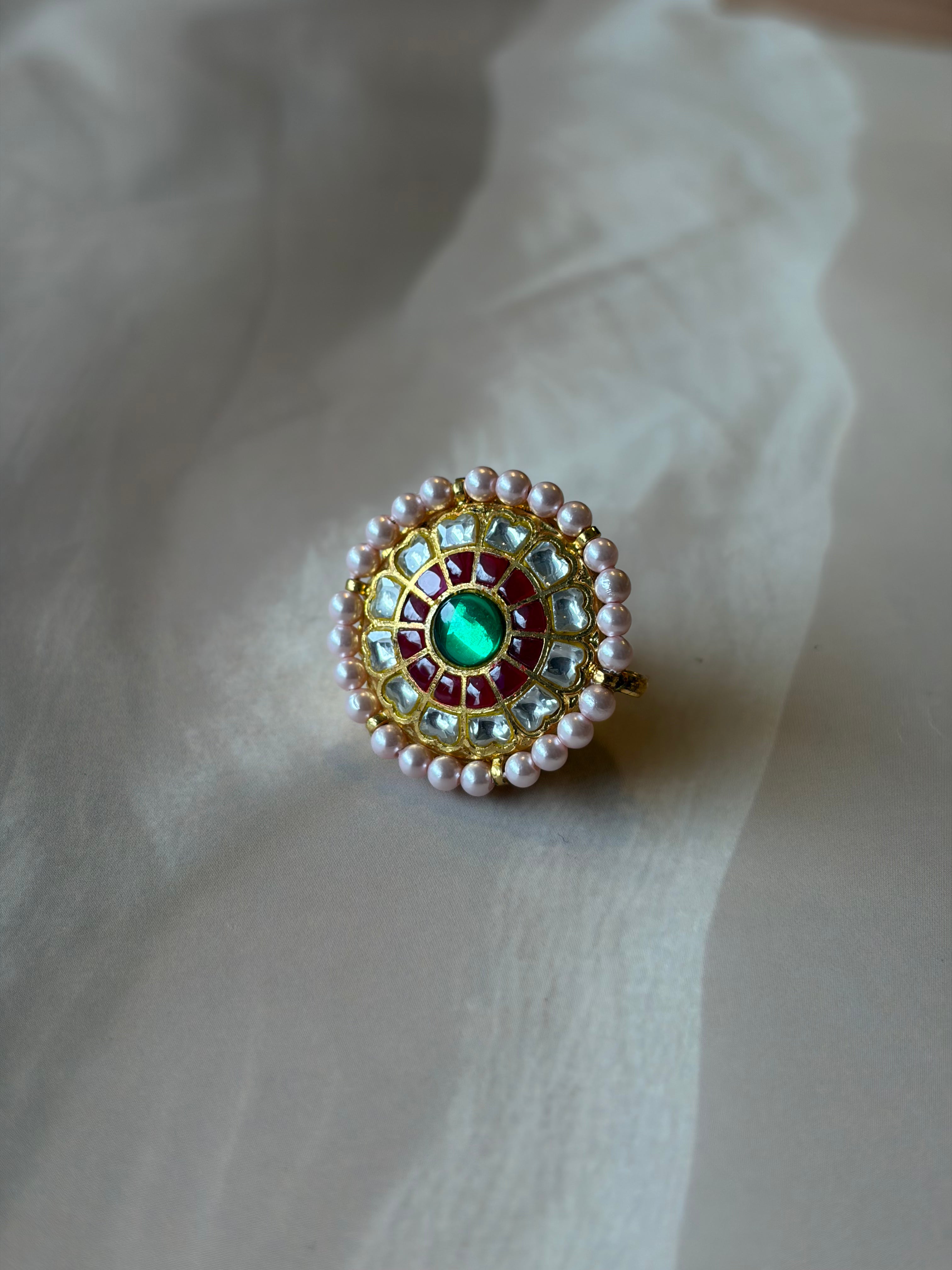 Green Centre Stone Red & White Gold Plated Rakhadi