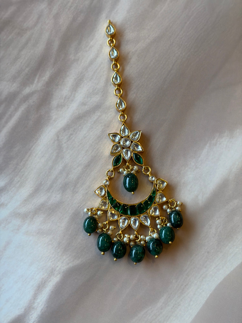 Green & White Stone Gold Plated Maang Tikka Rakhadi