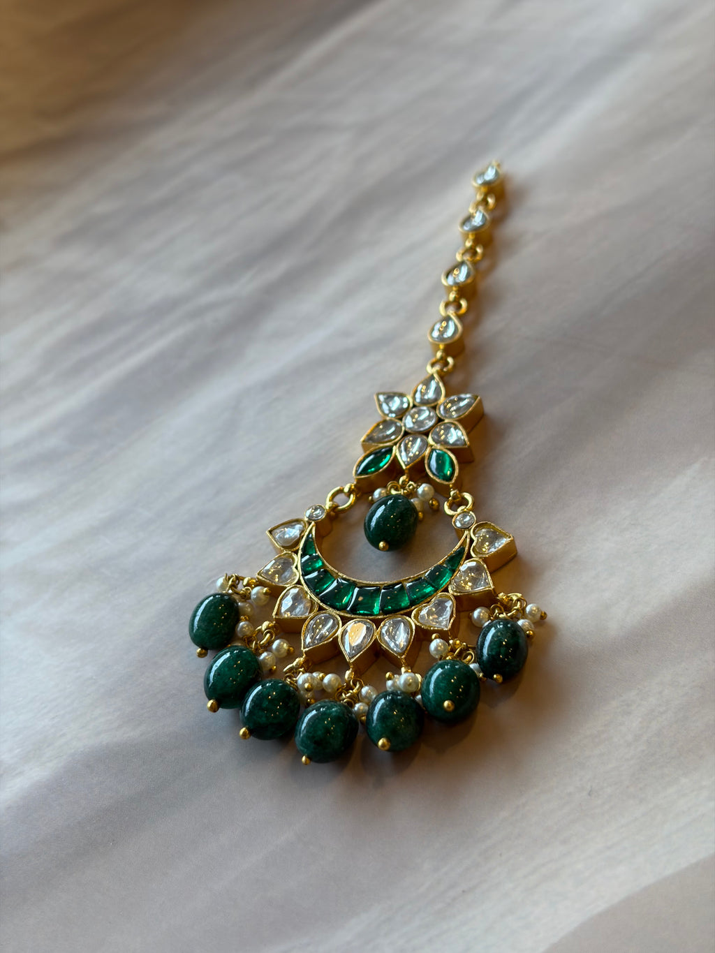 Green & White Stone Gold Plated Maang Tikka Rakhadi