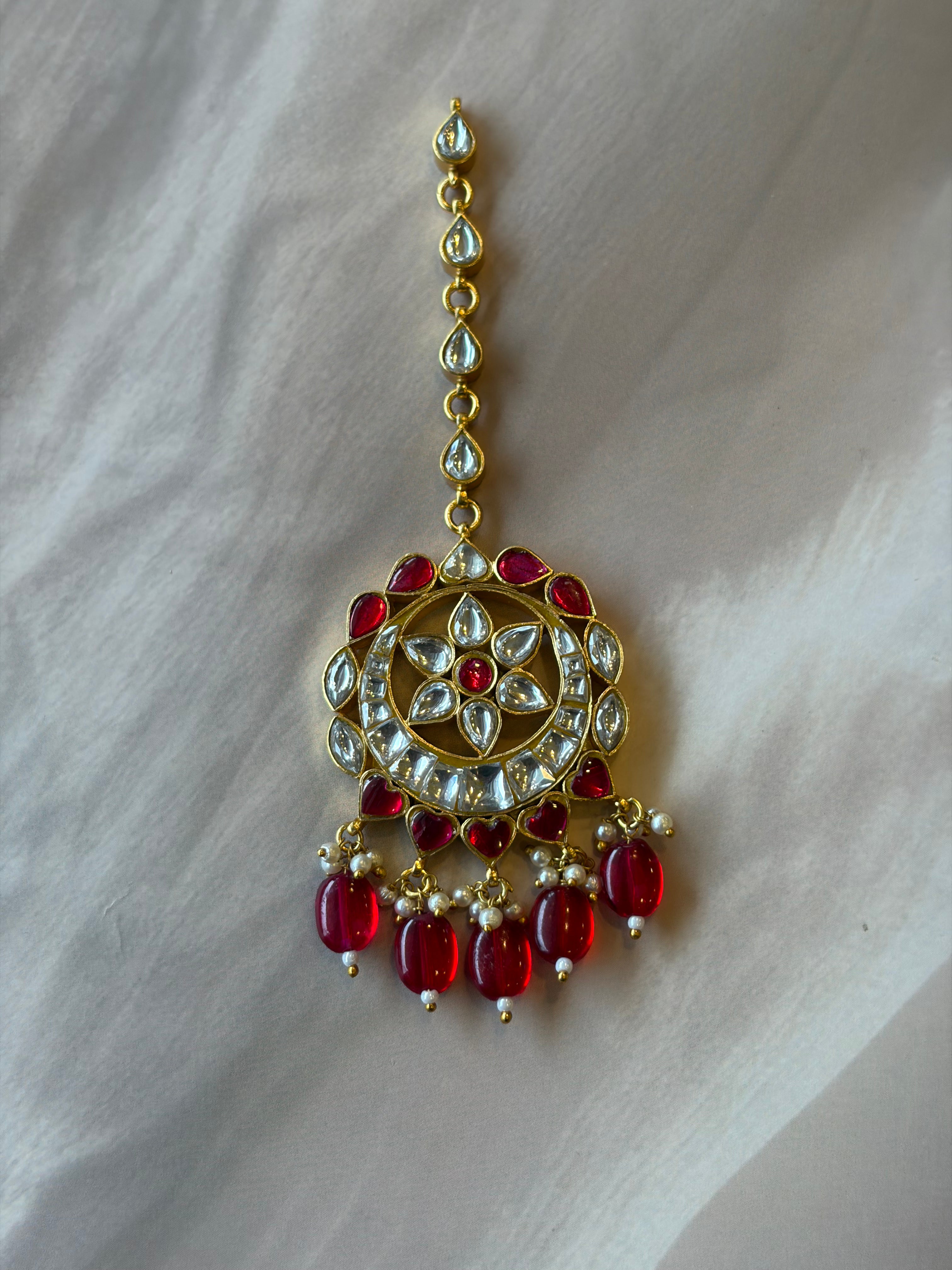 Floral Red & White Stone Gold Plated Maang Tikka Rakhadi