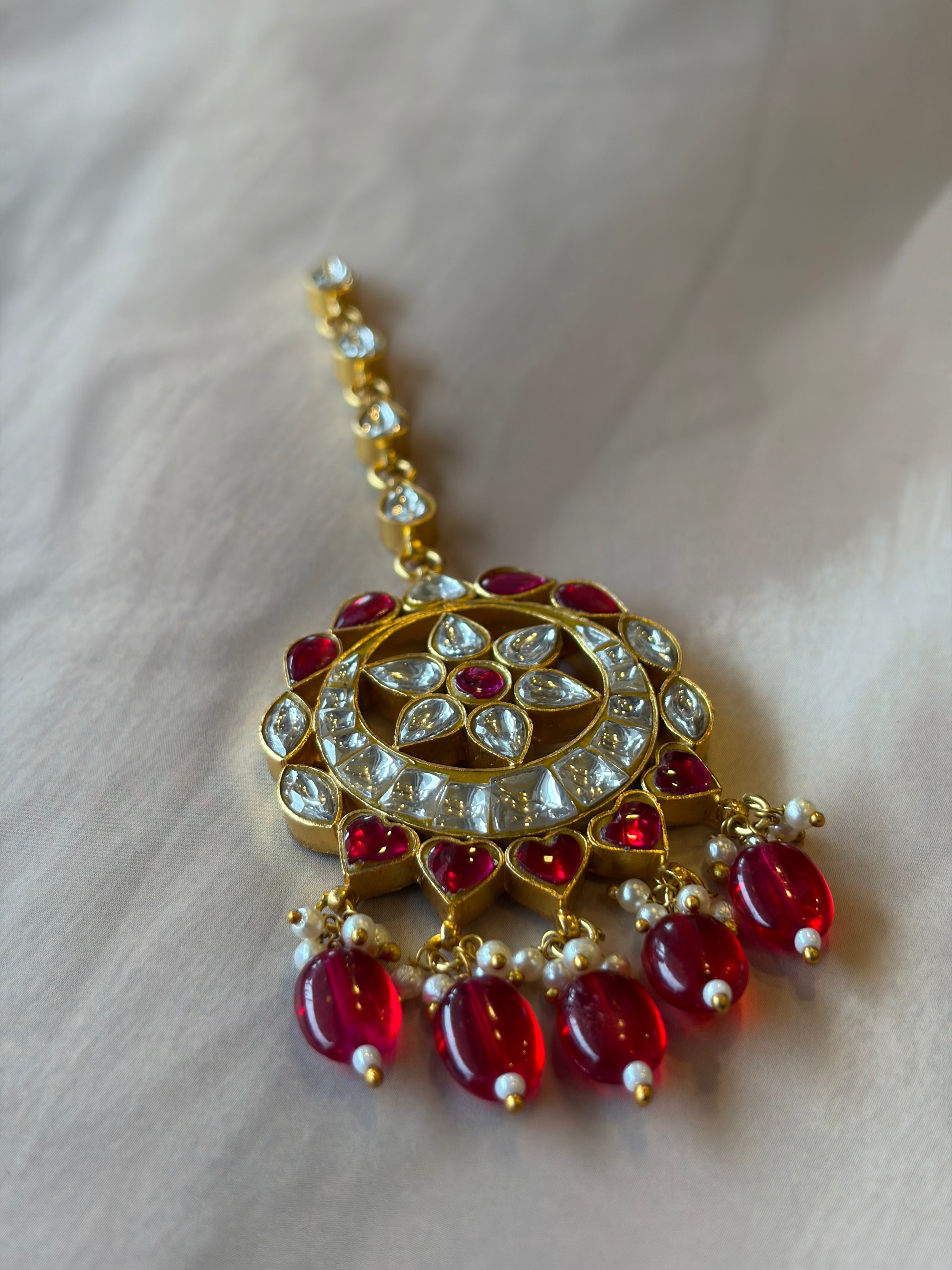Floral Red & White Stone Gold Plated Maang Tikka Rakhadi