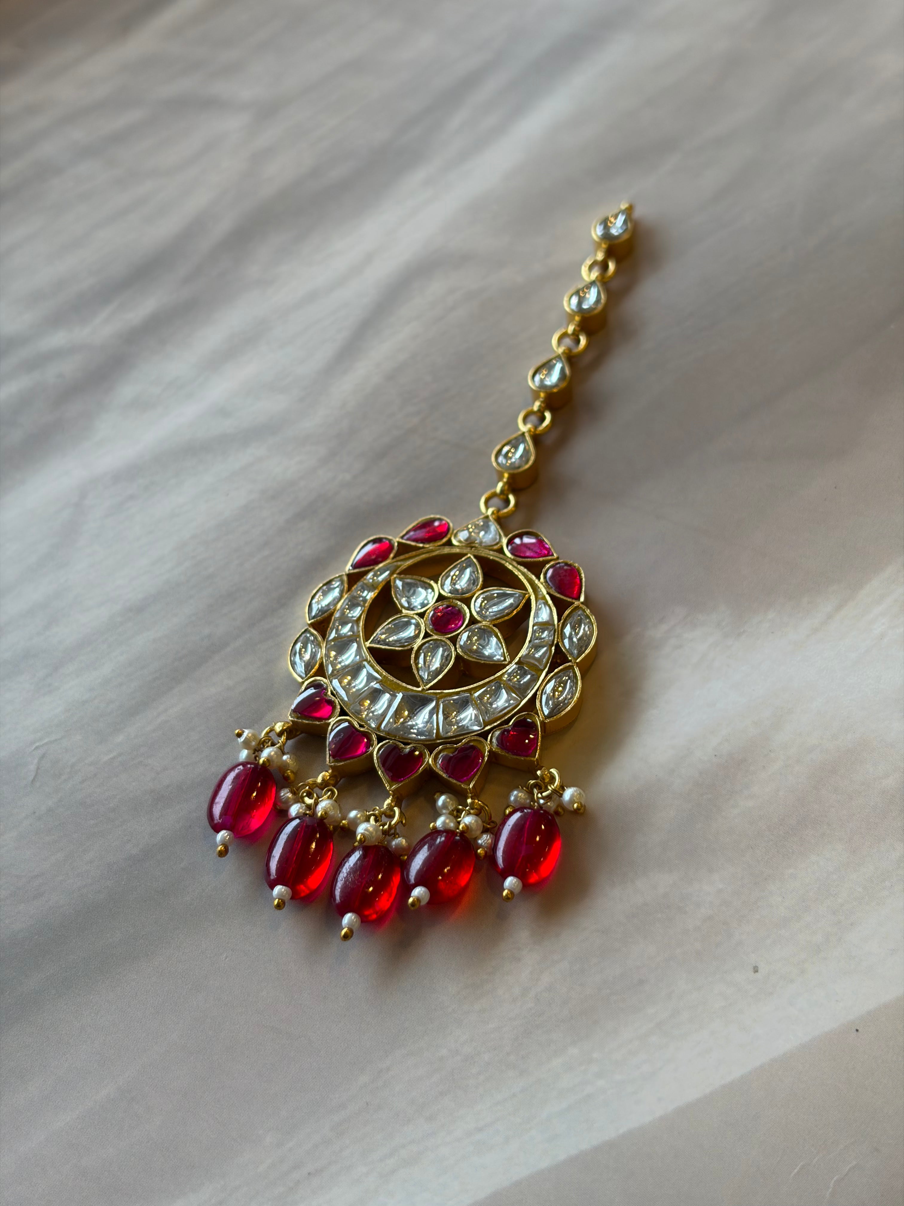 Floral Red & White Stone Gold Plated Maang Tikka Rakhadi