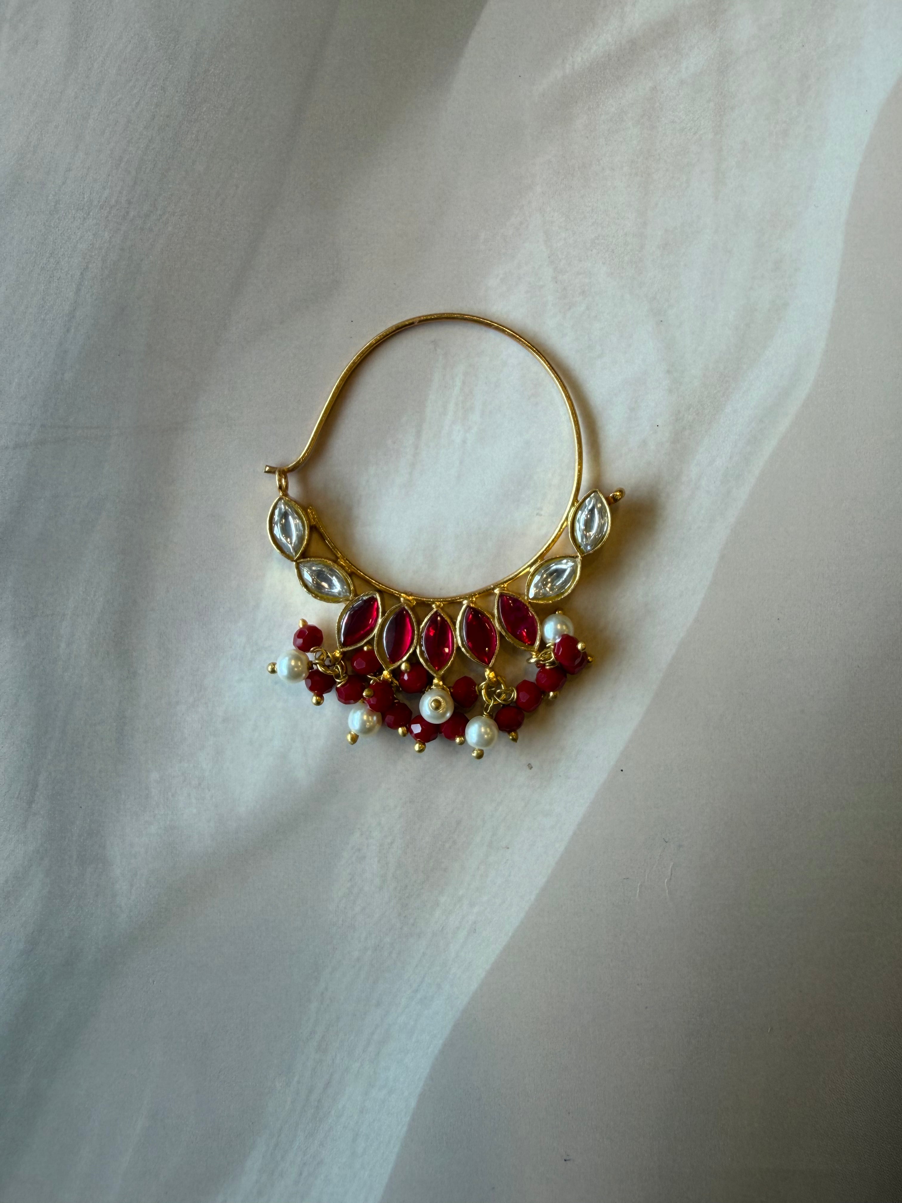 Red & White Stone Gold Plated Nath