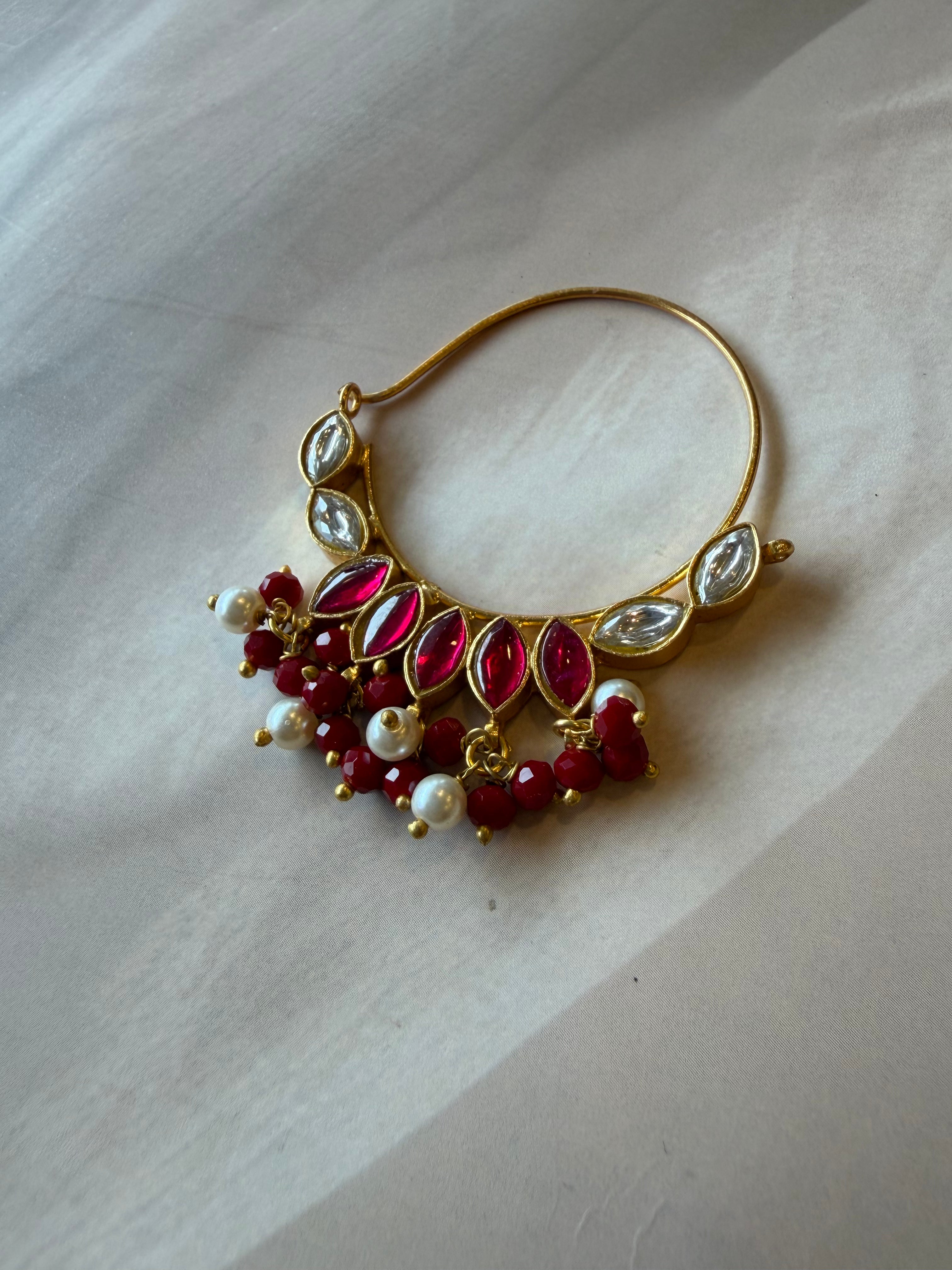 Red & White Stone Gold Plated Nath