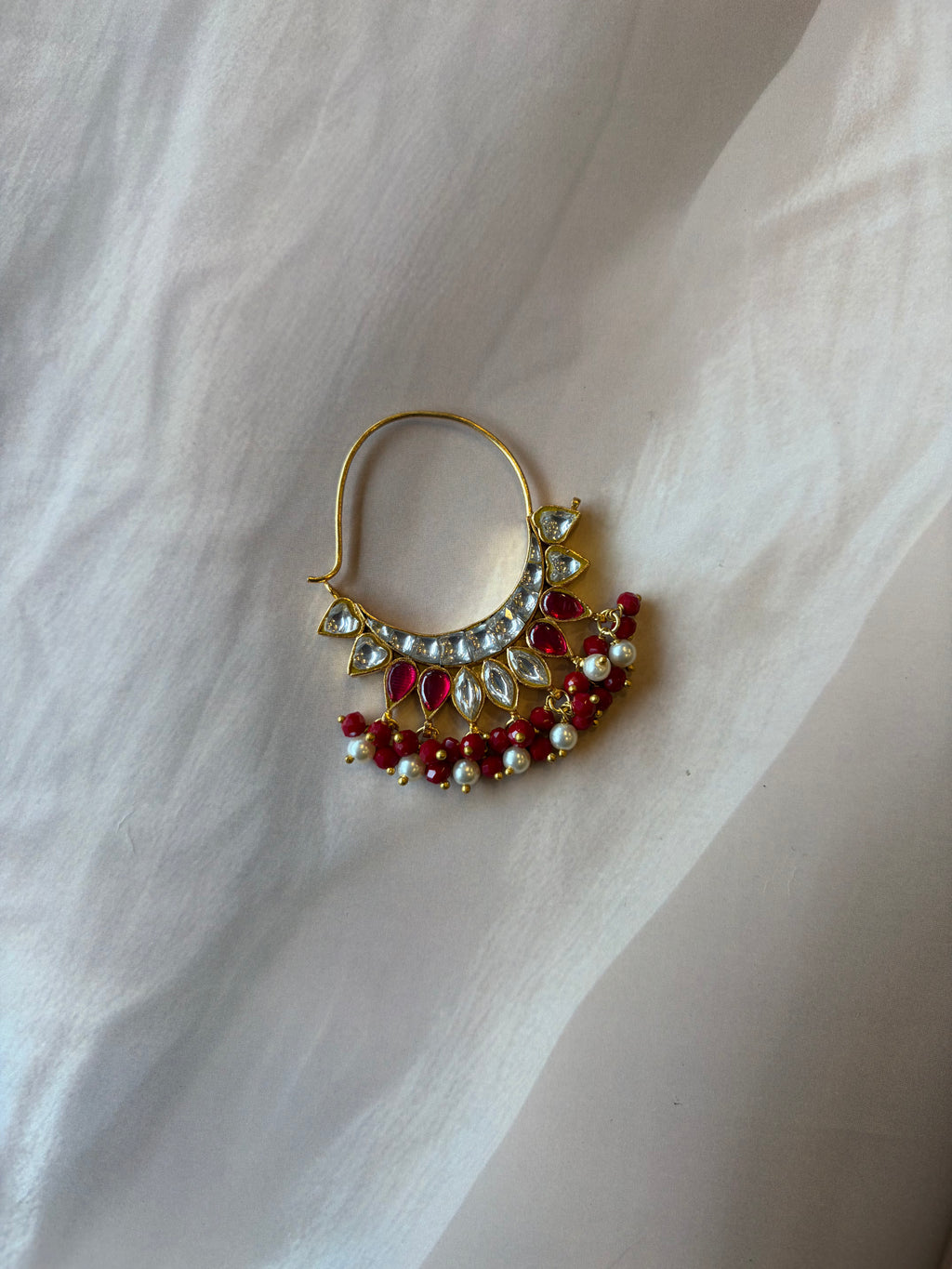 Red & White Stone Gold Plated Beaded Nath
