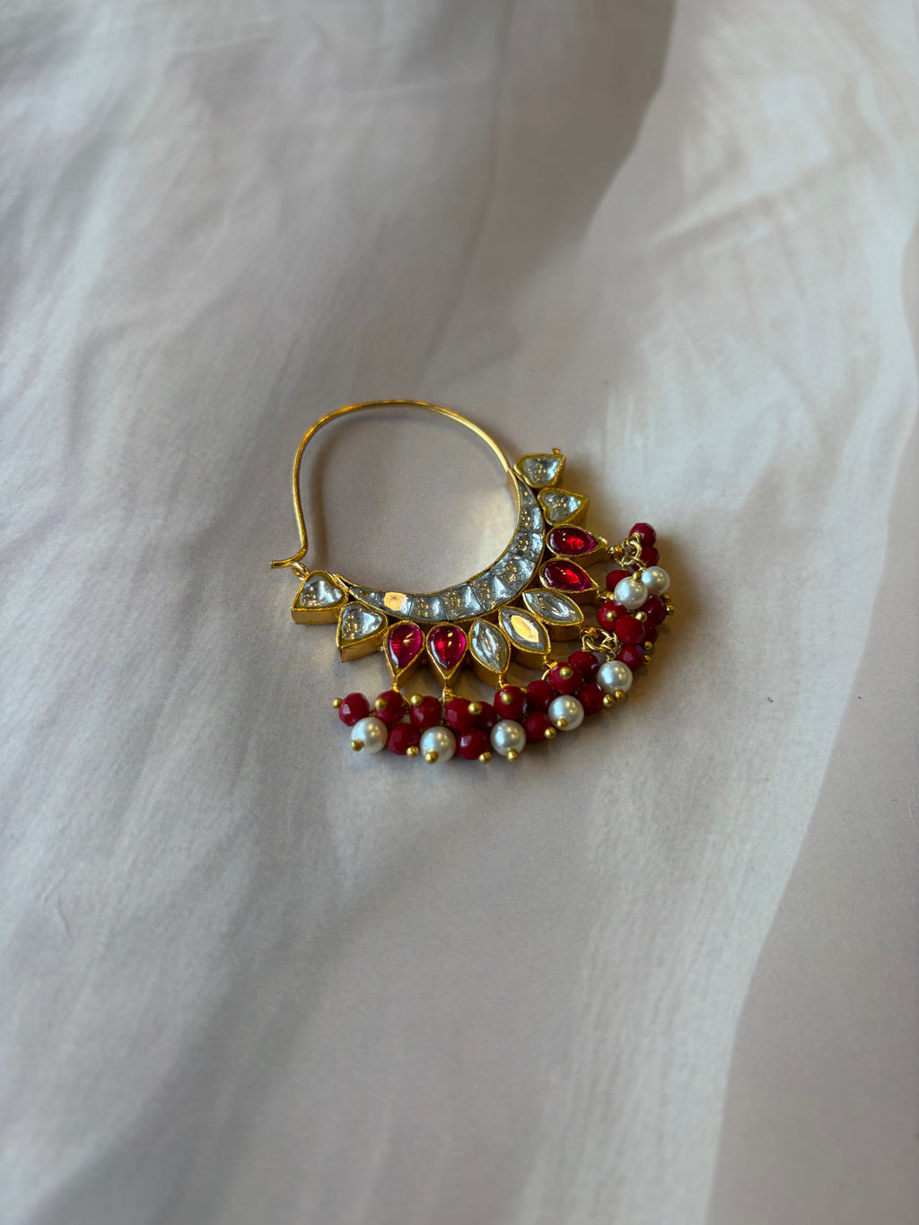Red & White Stone Gold Plated Beaded Nath