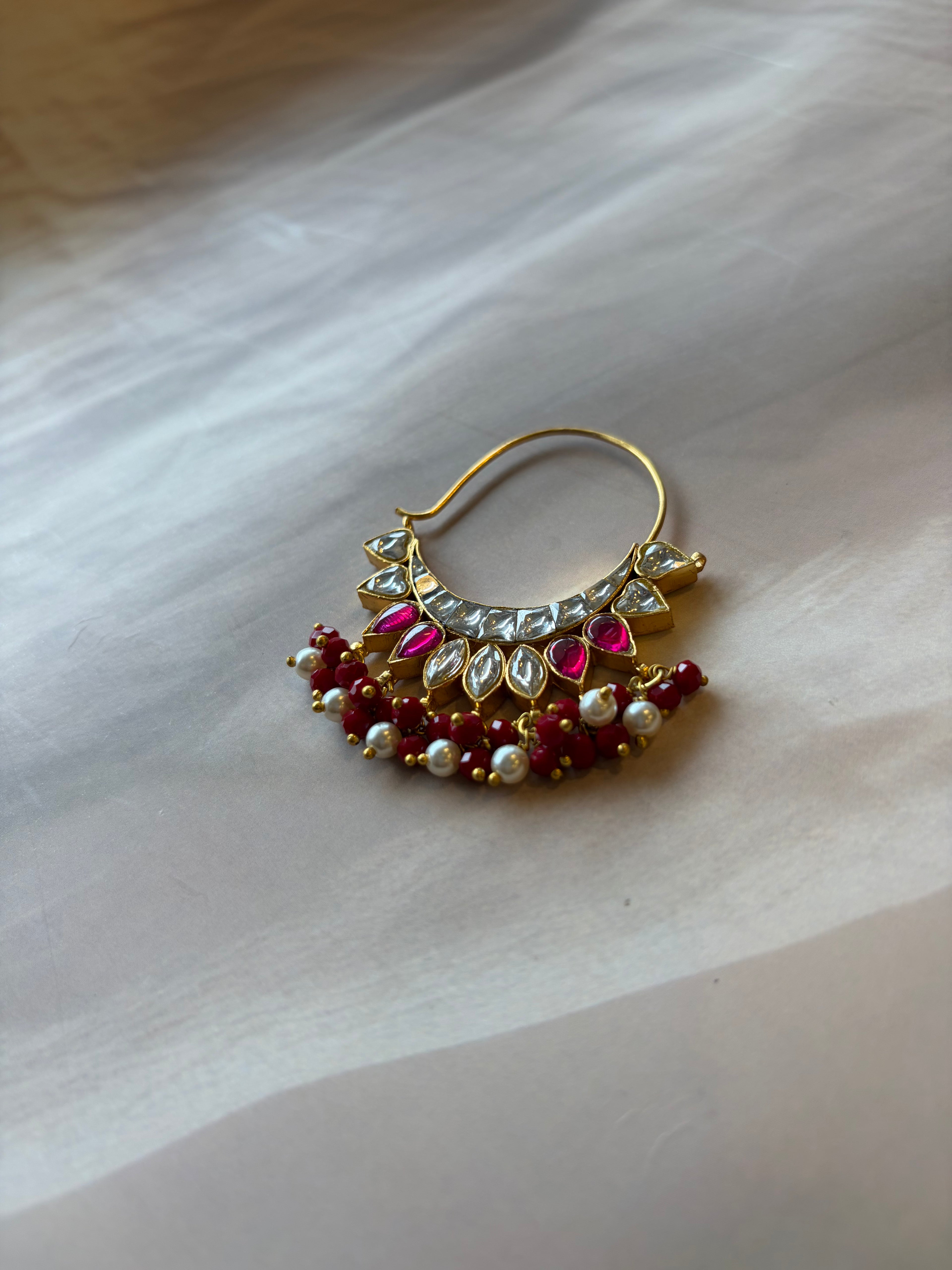 Red & White Stone Gold Plated Beaded Nath