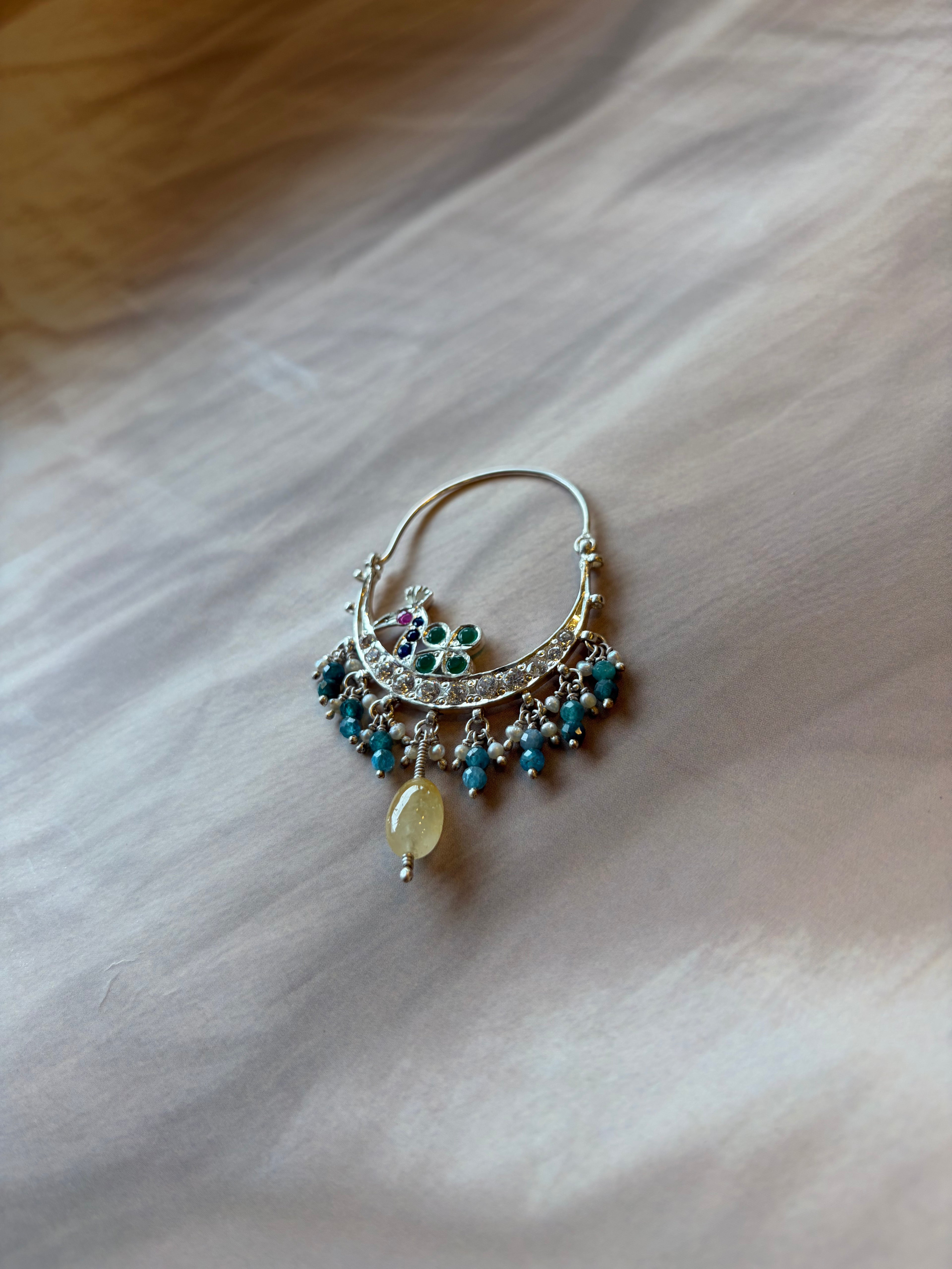 Peacock 925 Silver Blue & White Stone Nath
