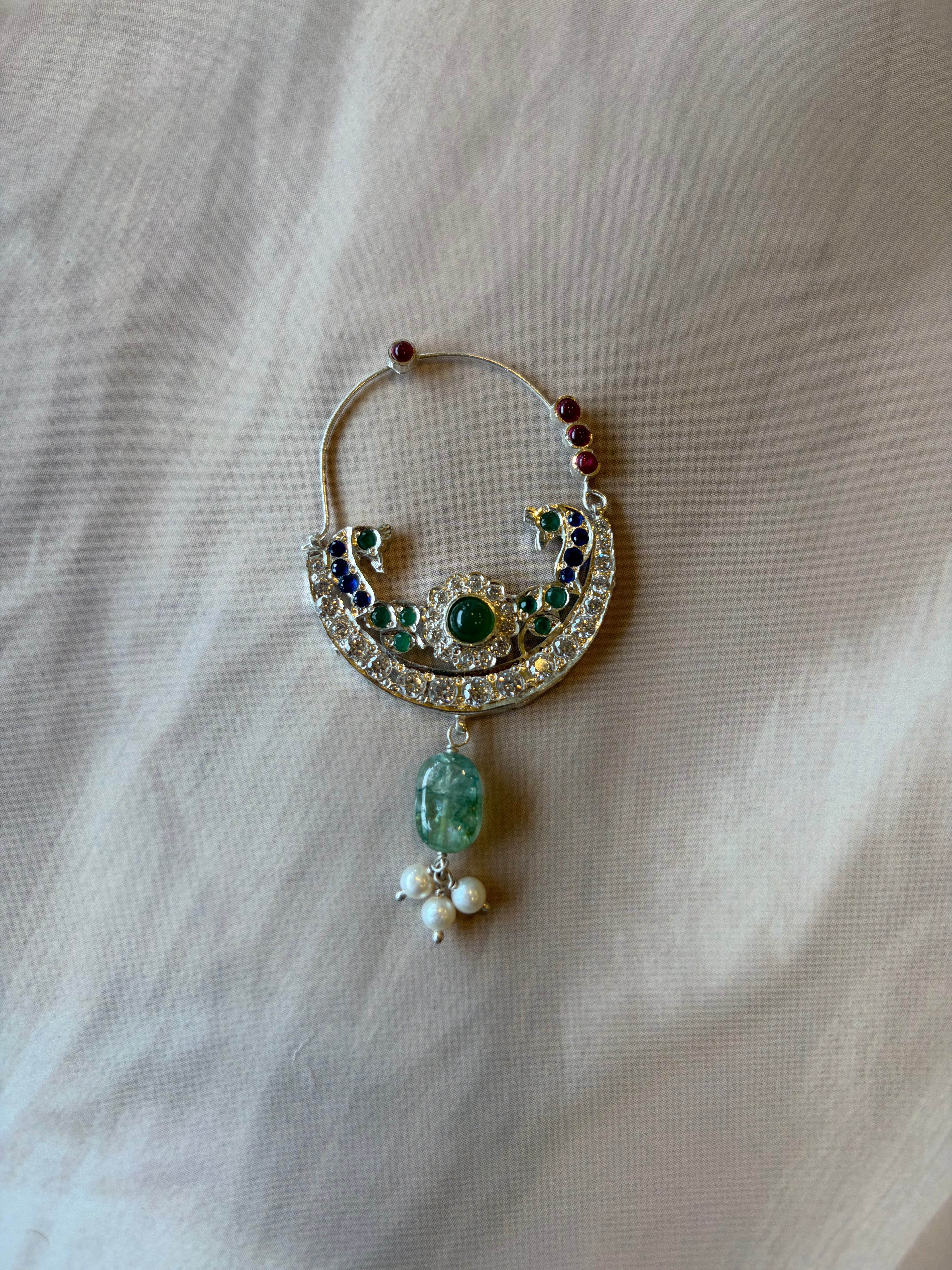 Two Peacock 925 Silver Blue, White & Green Stone Nath
