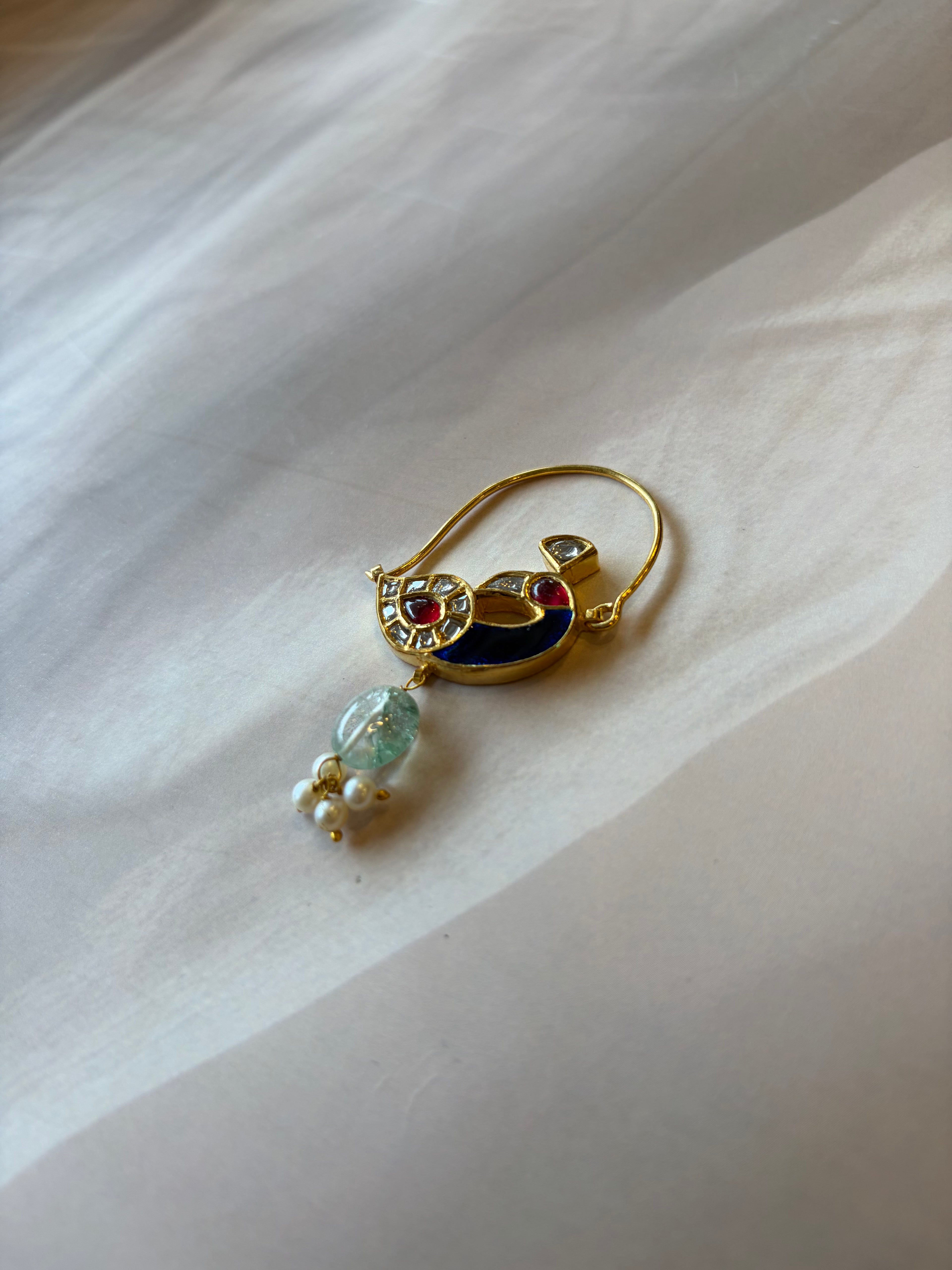 Crown Peacock 925 Silver Gold Plated Red & White Stone Nath
