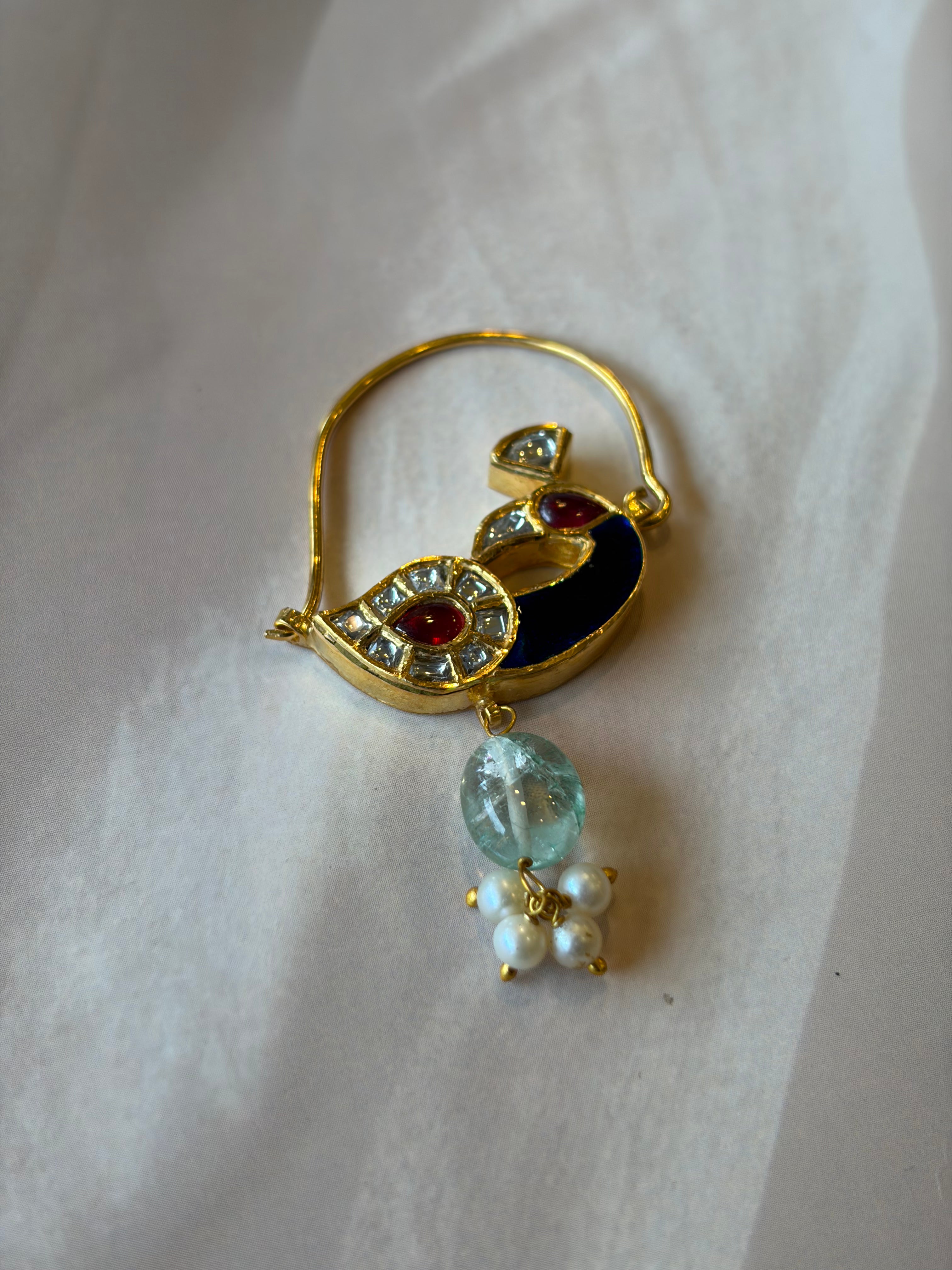 Crown Peacock 925 Silver Gold Plated Red & White Stone Nath