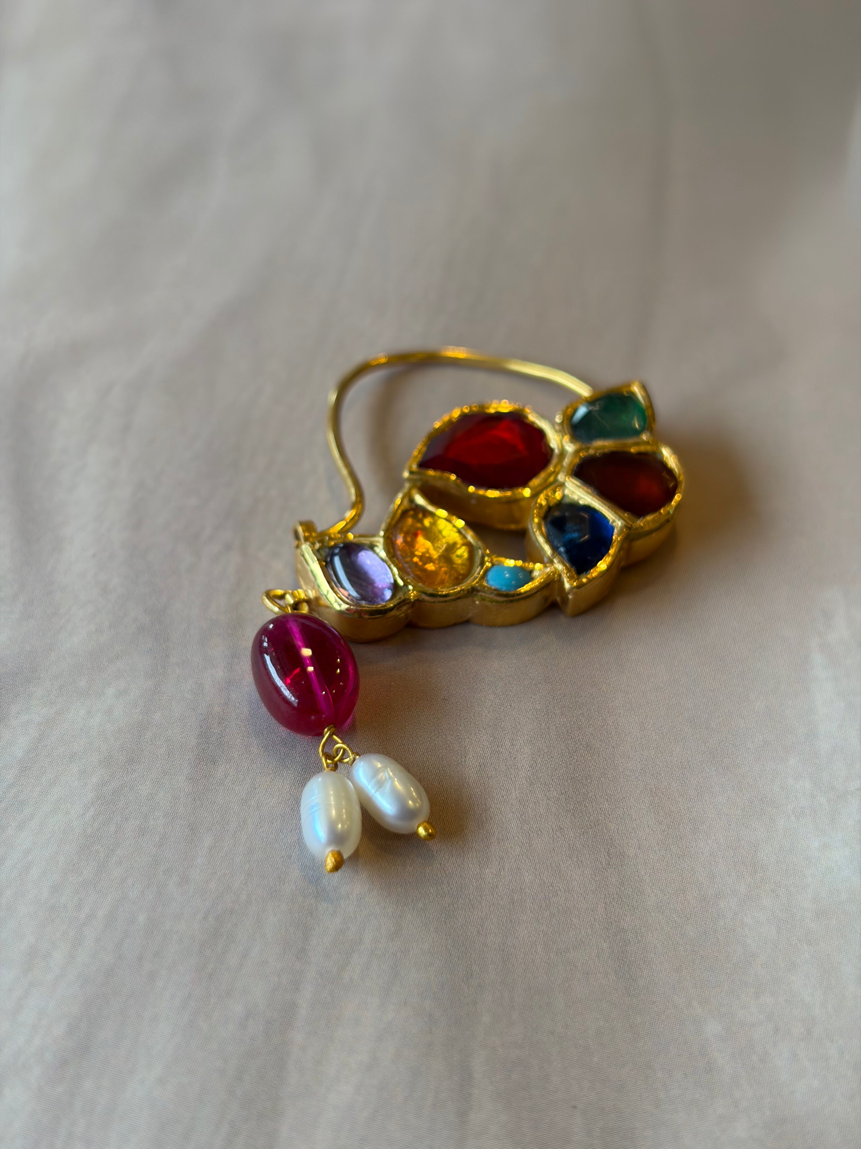 Multicolour Stone 925 Silver Gold Plated Nath