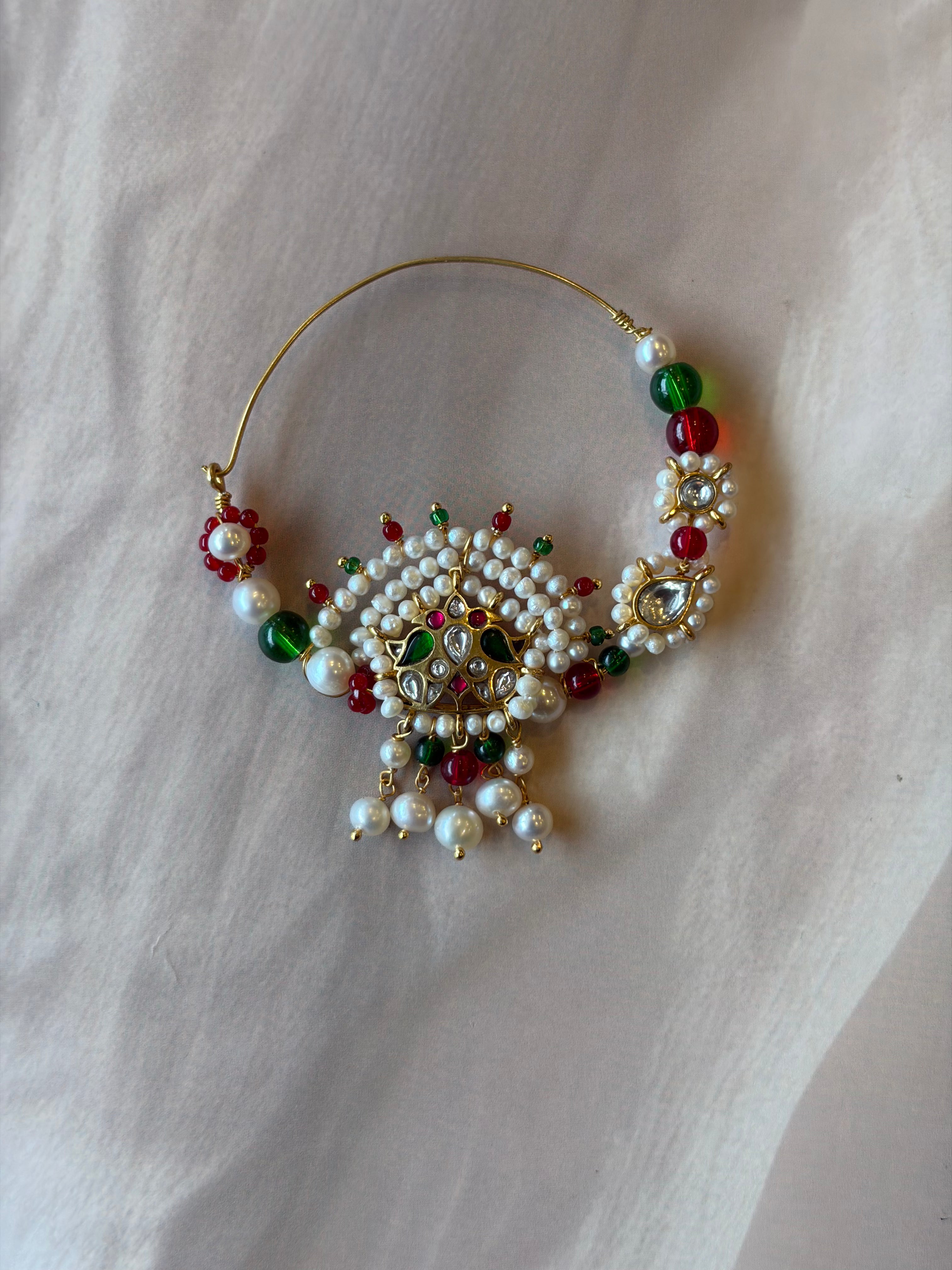Crown Stone & Beads 925 Silver Gold Plated Nath (Red)