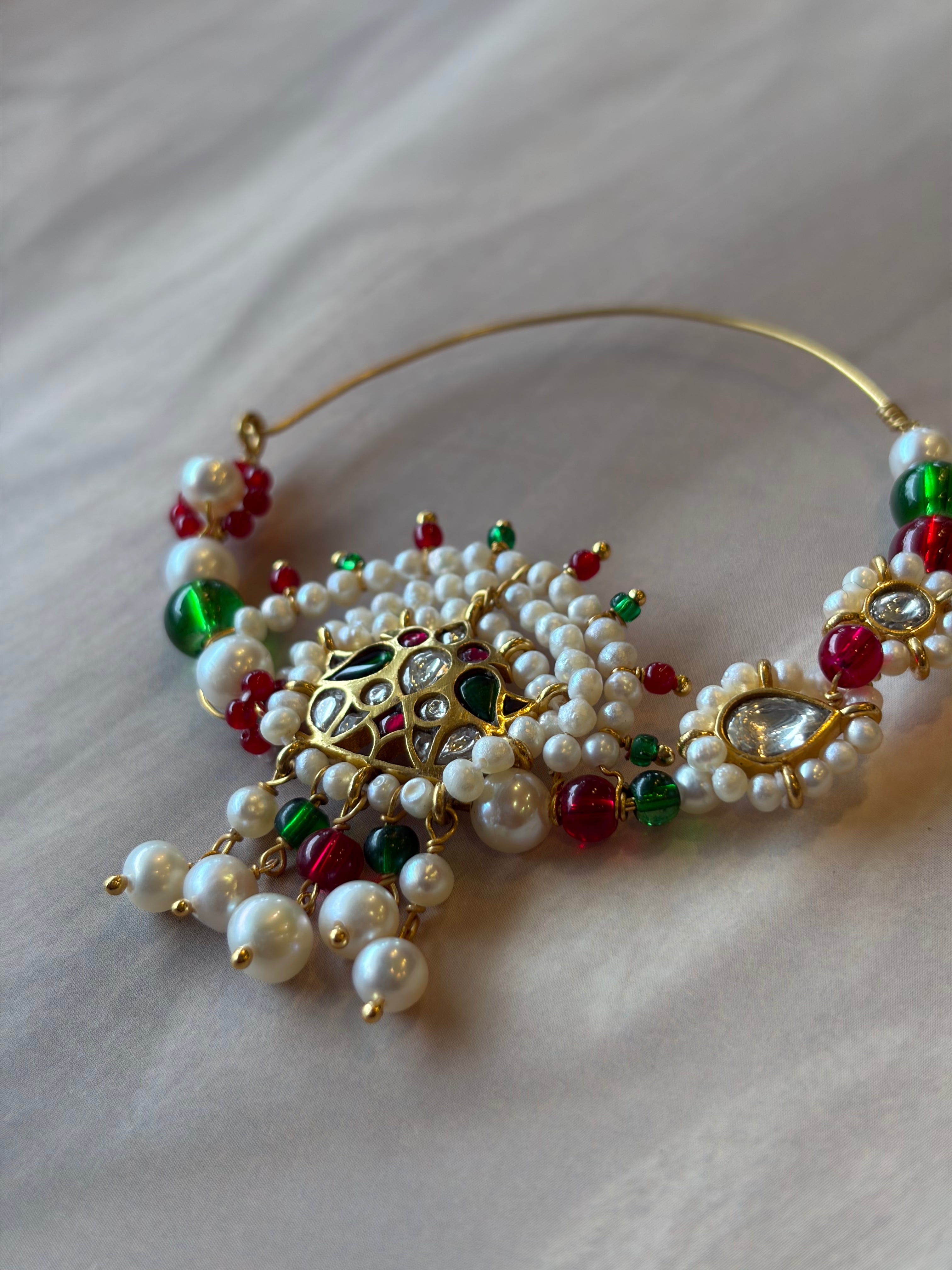 Crown Stone & Beads 925 Silver Gold Plated Nath (Red)