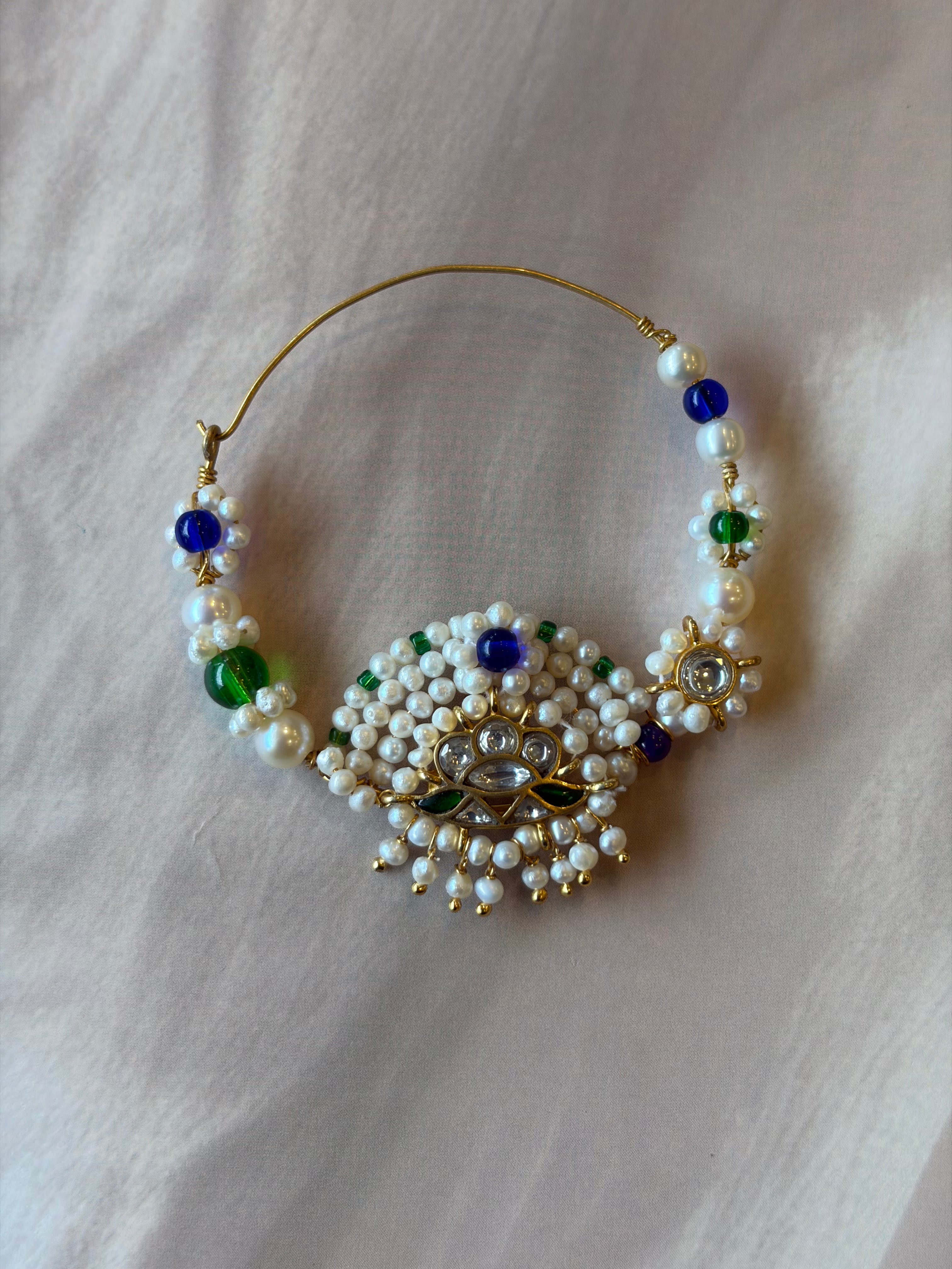 Blue Crown Stone & Beads 925 Silver Gold Plated Nath