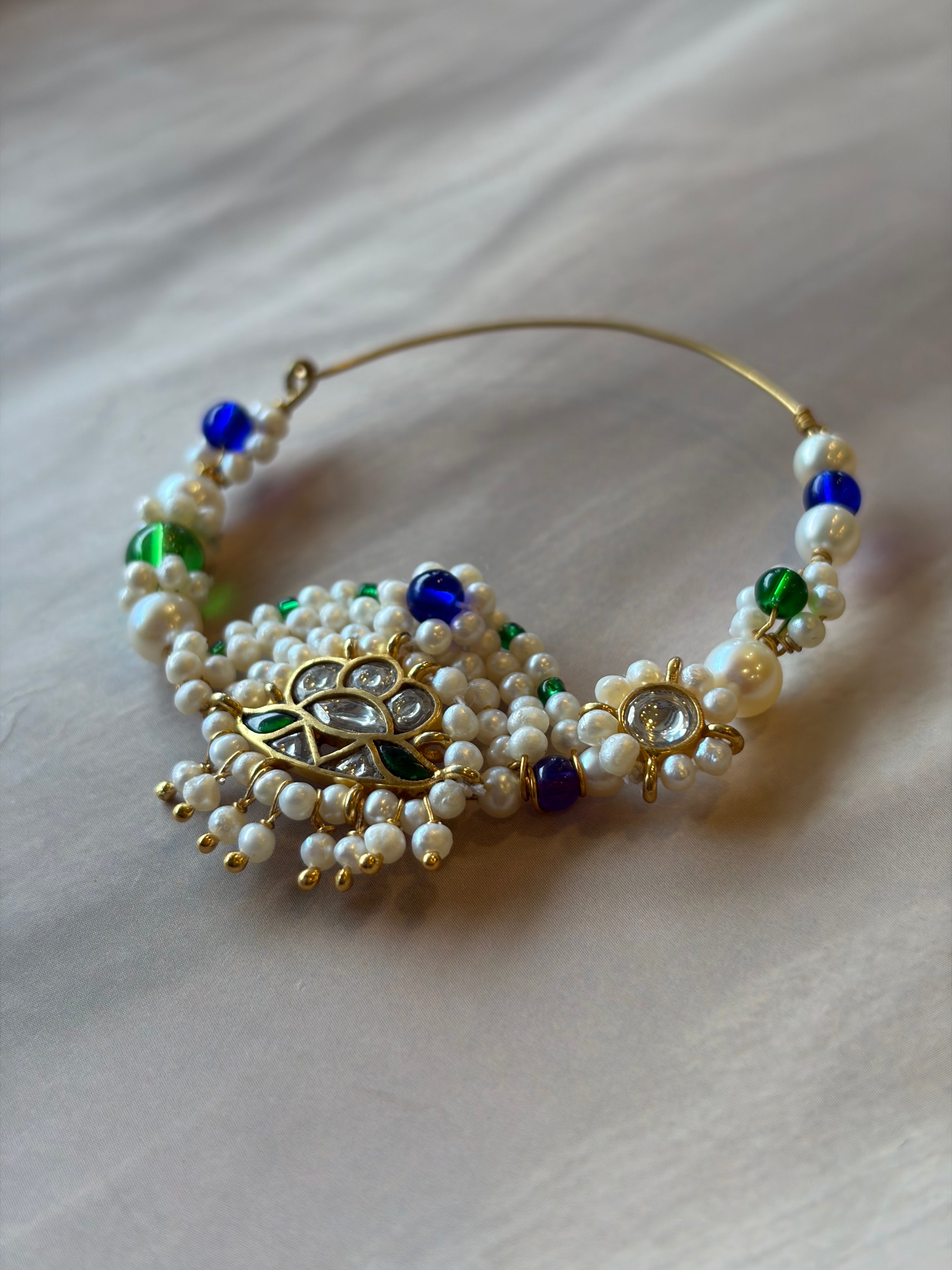 Blue Crown Stone & Beads 925 Silver Gold Plated Nath