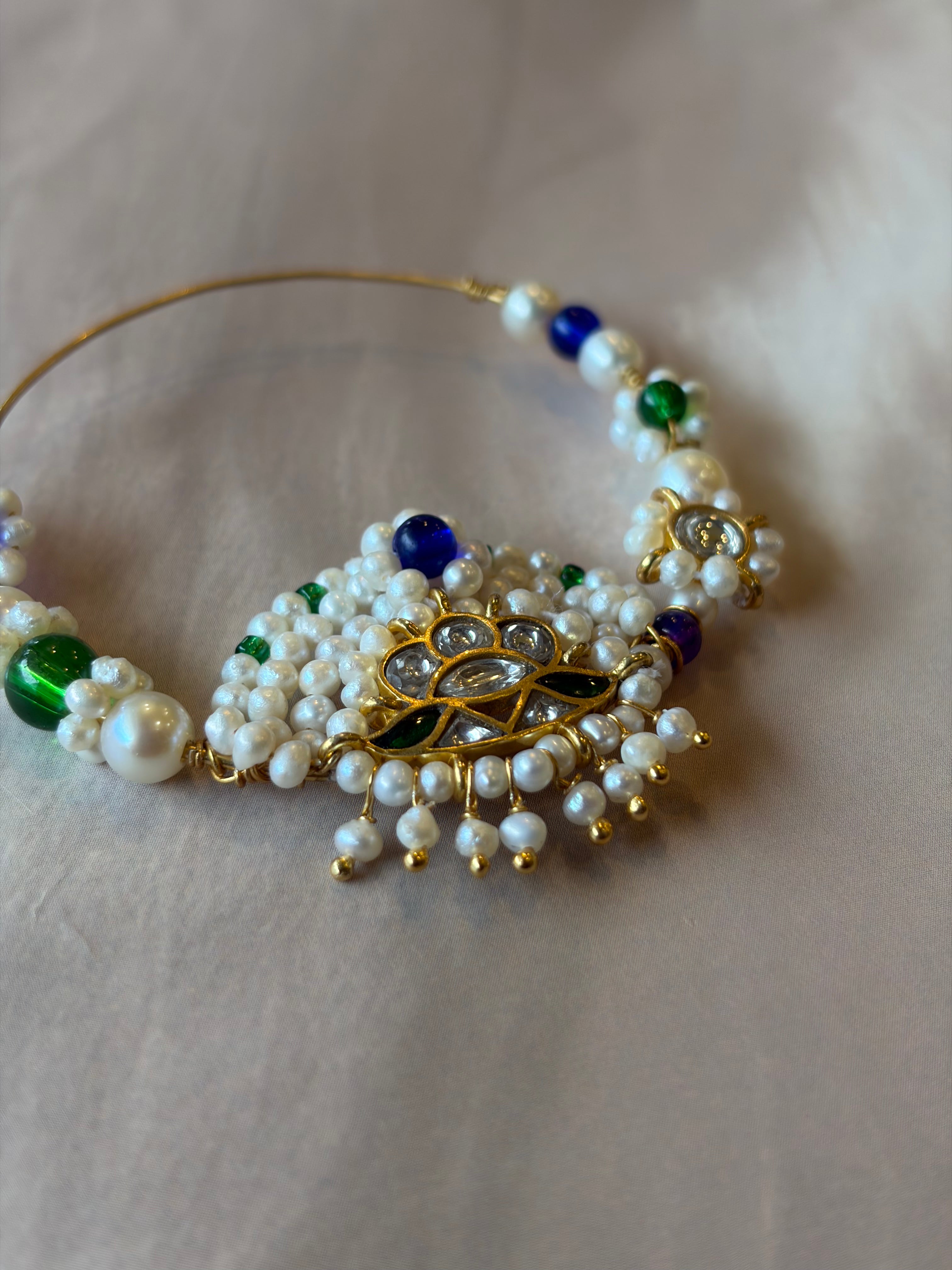 Blue Crown Stone & Beads 925 Silver Gold Plated Nath
