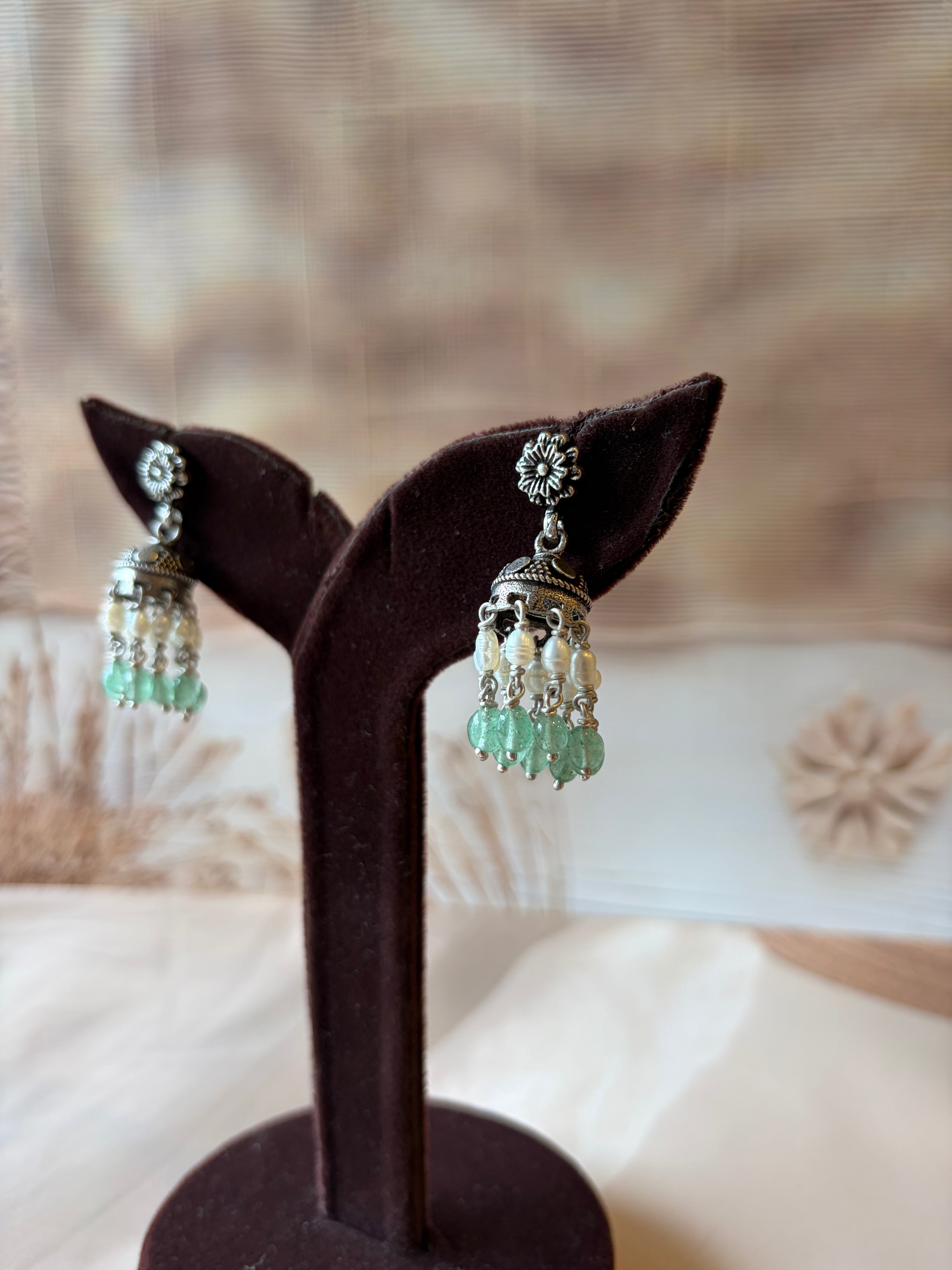 Oxidised 925 Silver Jhumka with White & Green Beads