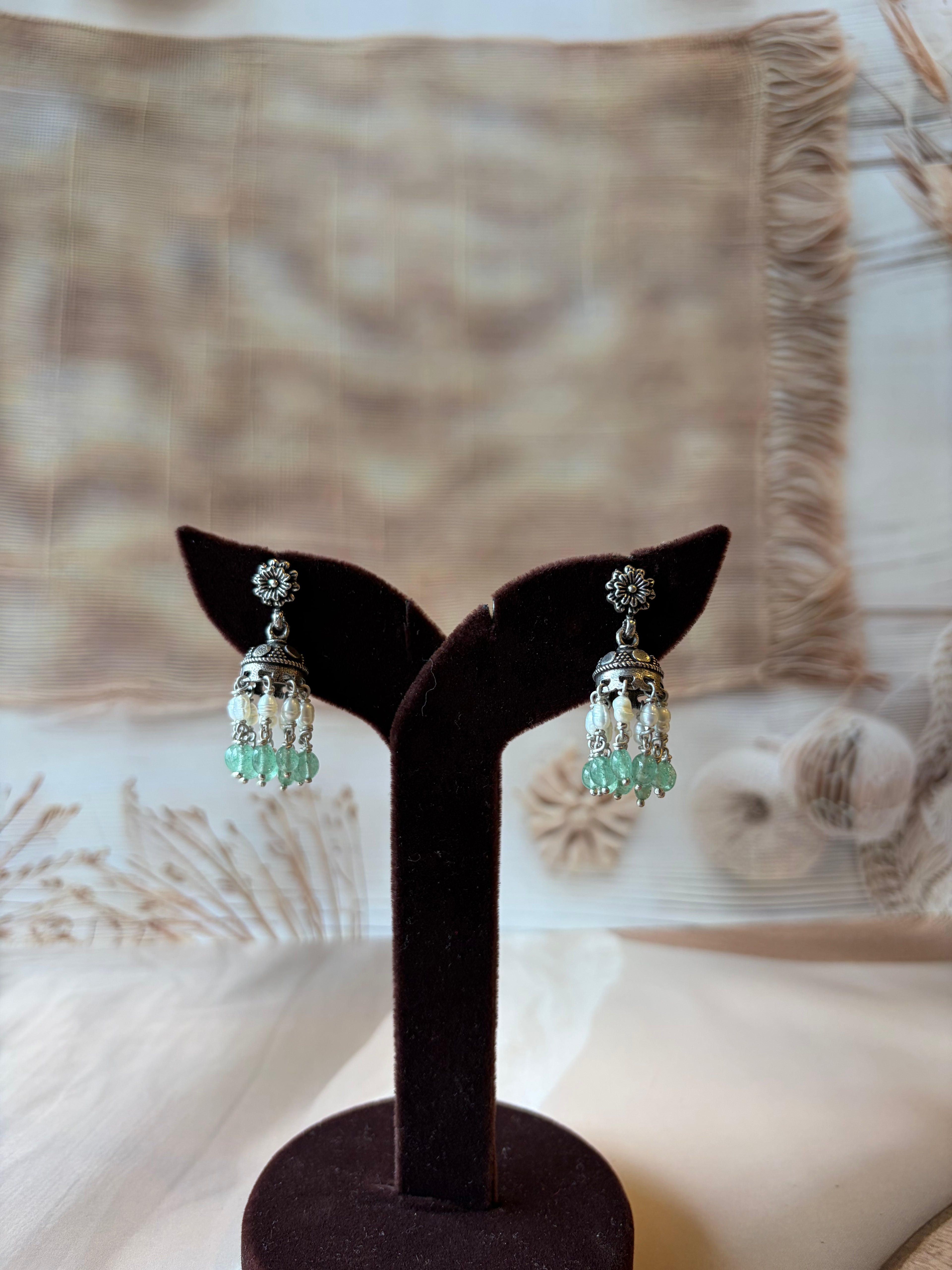 Oxidised 925 Silver Jhumka with White & Green Beads