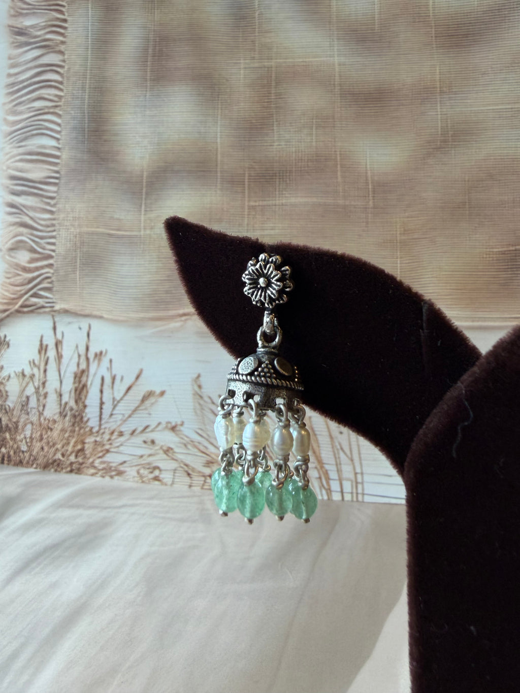 Oxidised 925 Silver Jhumka with White & Green Beads