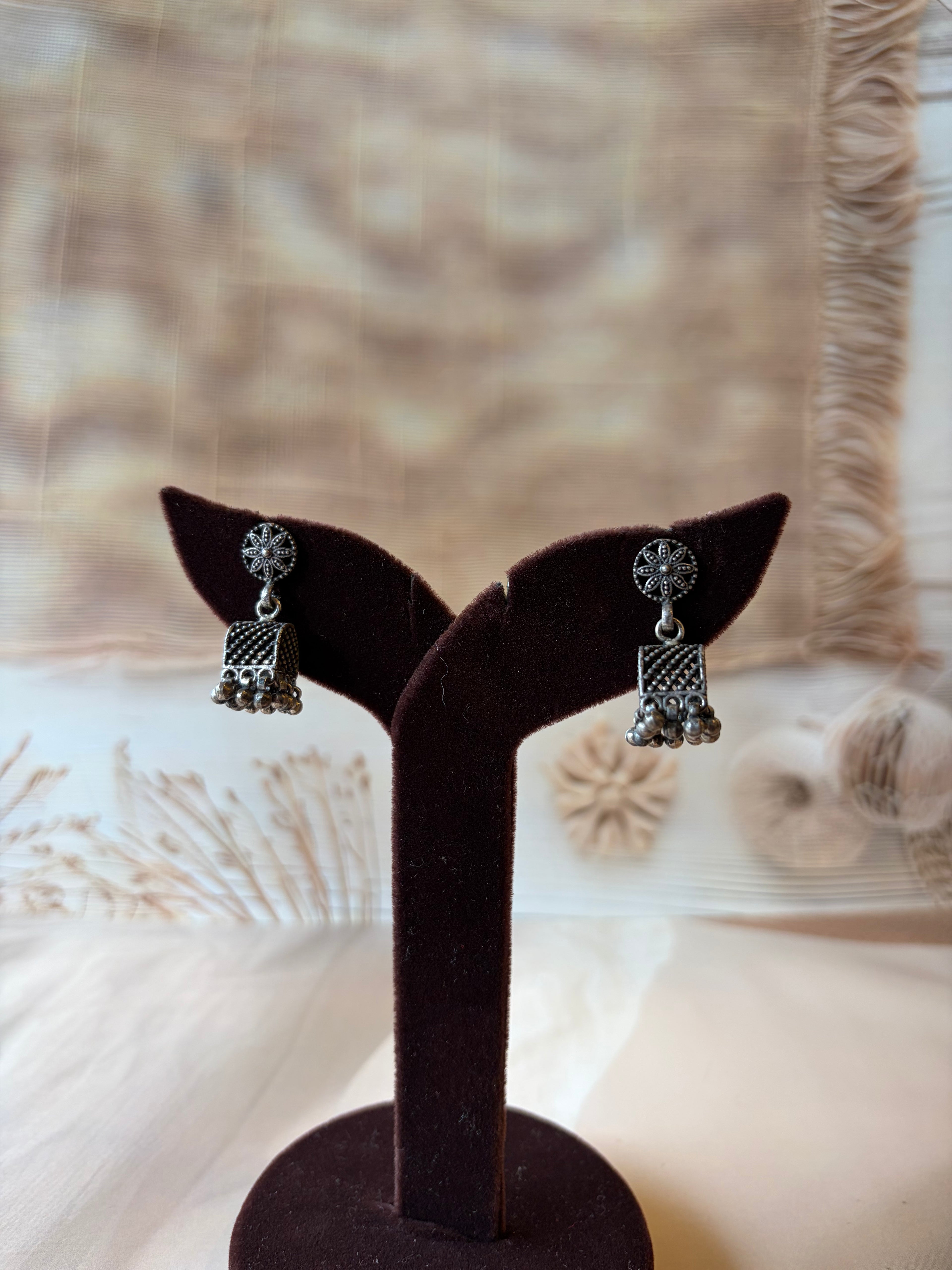 Floral 925 Silver Oxidised Jhumka