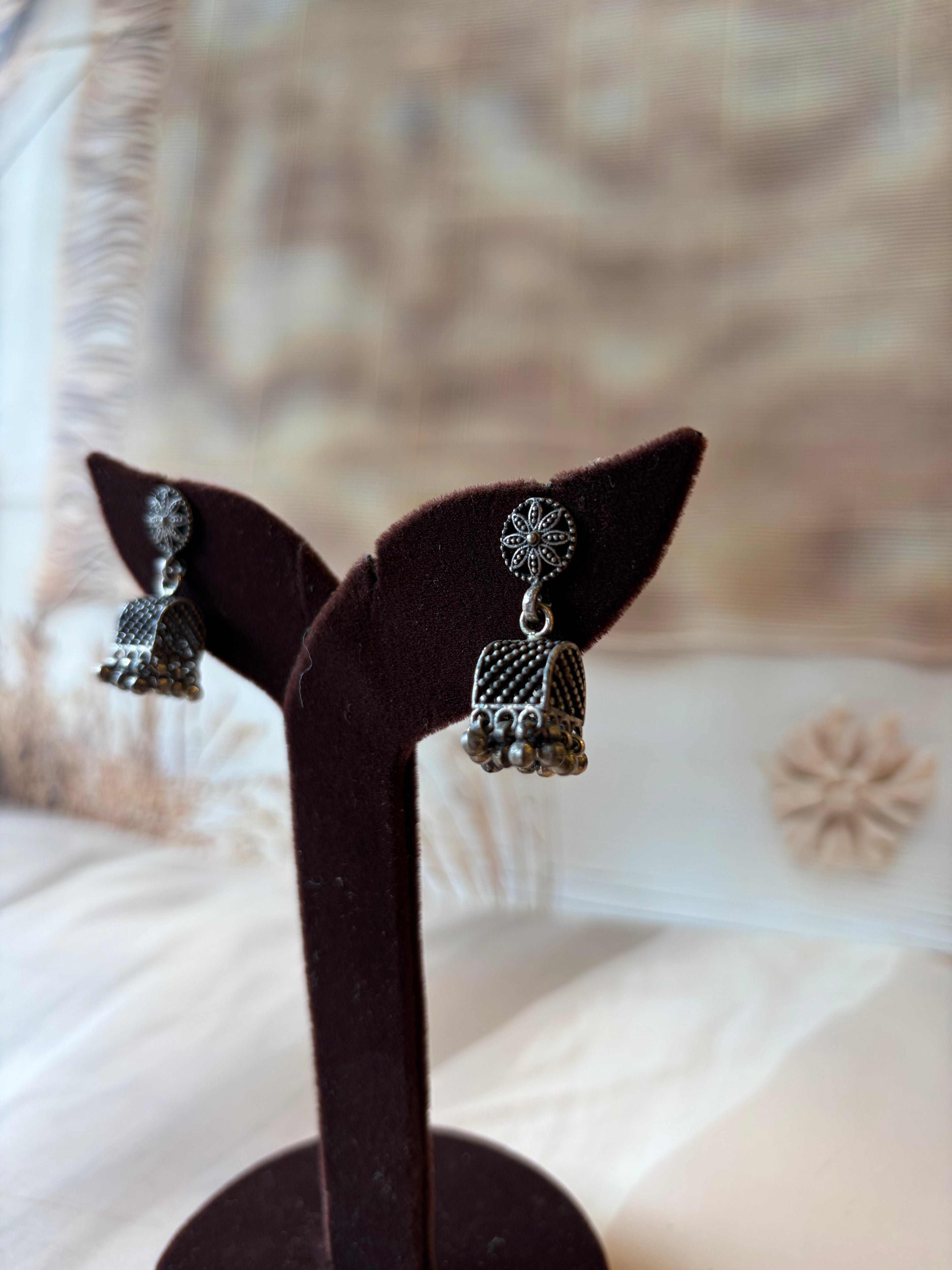 Floral 925 Silver Oxidised Jhumka