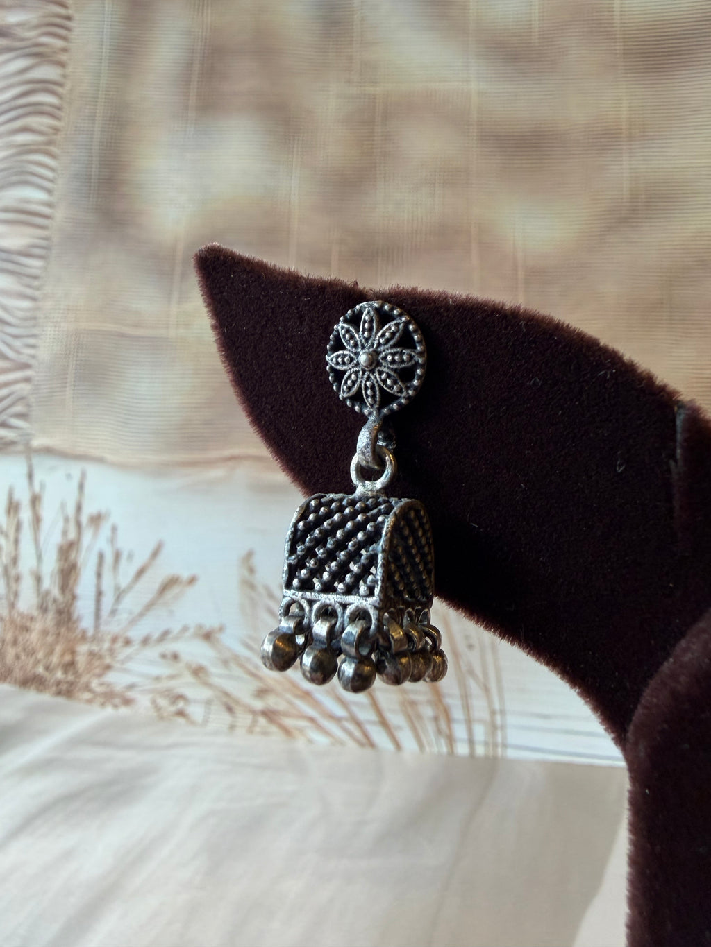 Floral 925 Silver Oxidised Jhumka