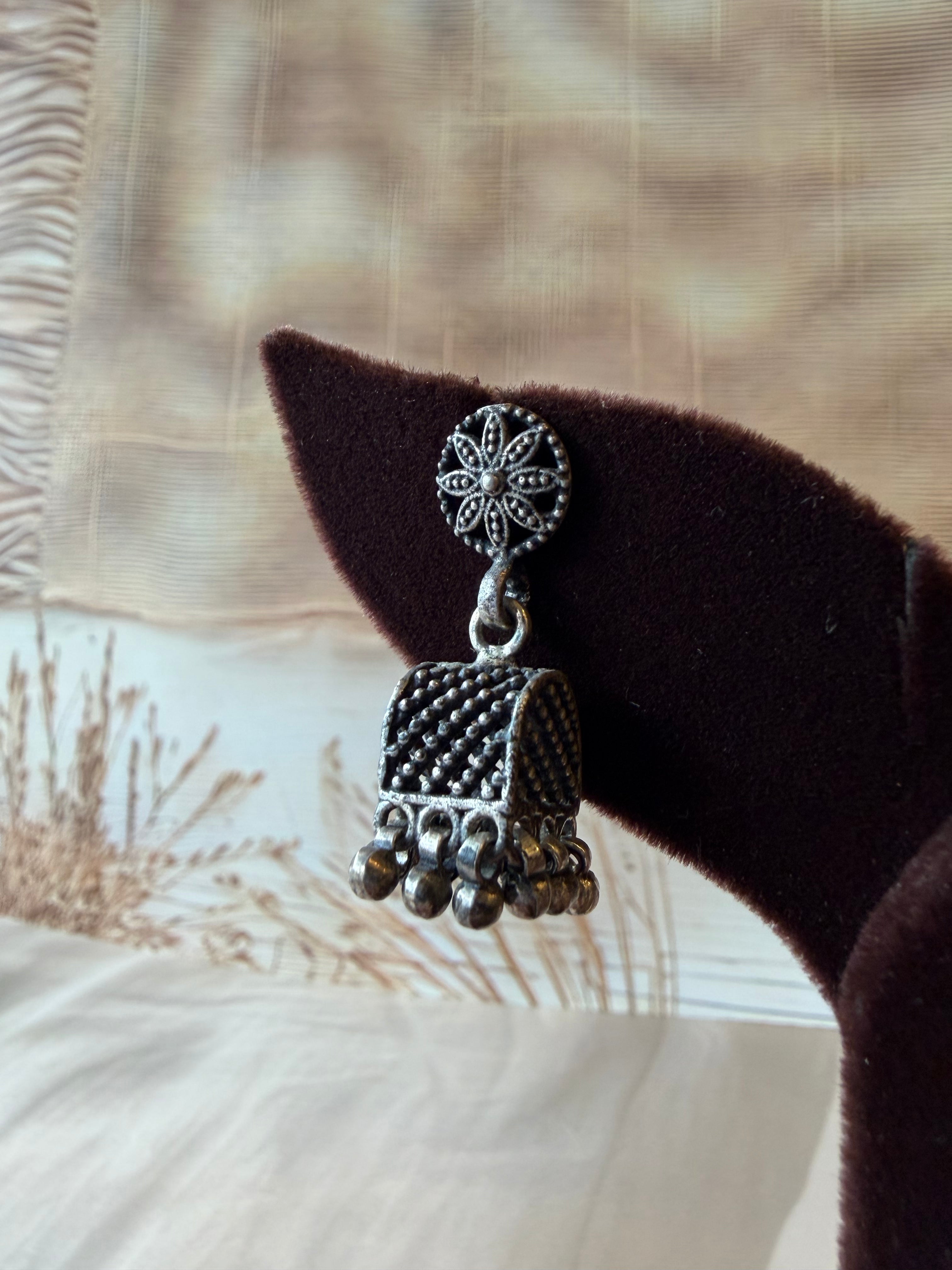 Floral 925 Silver Oxidised Jhumka
