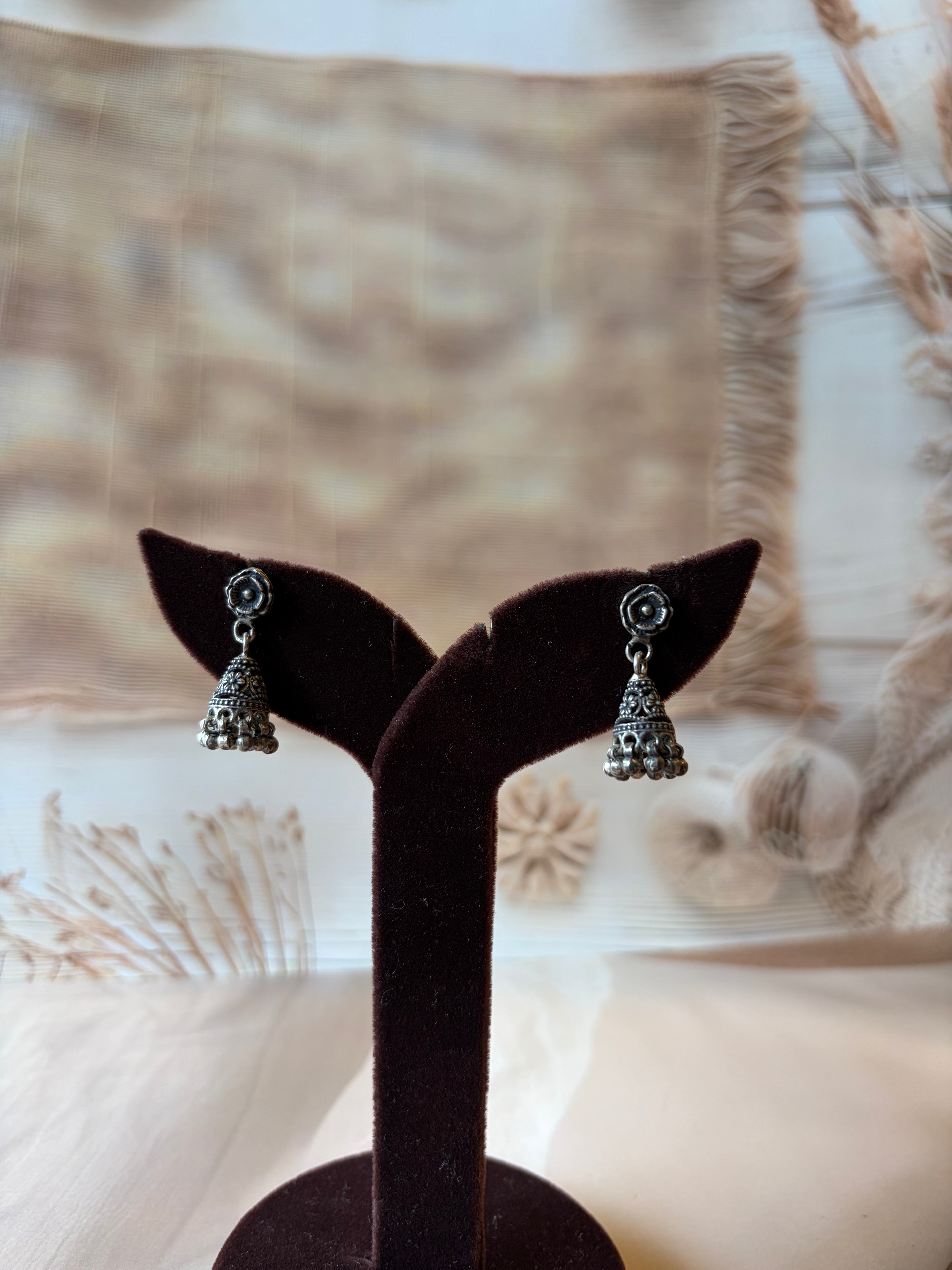 Floral Bell 925 Silver Oxidised Jhumka