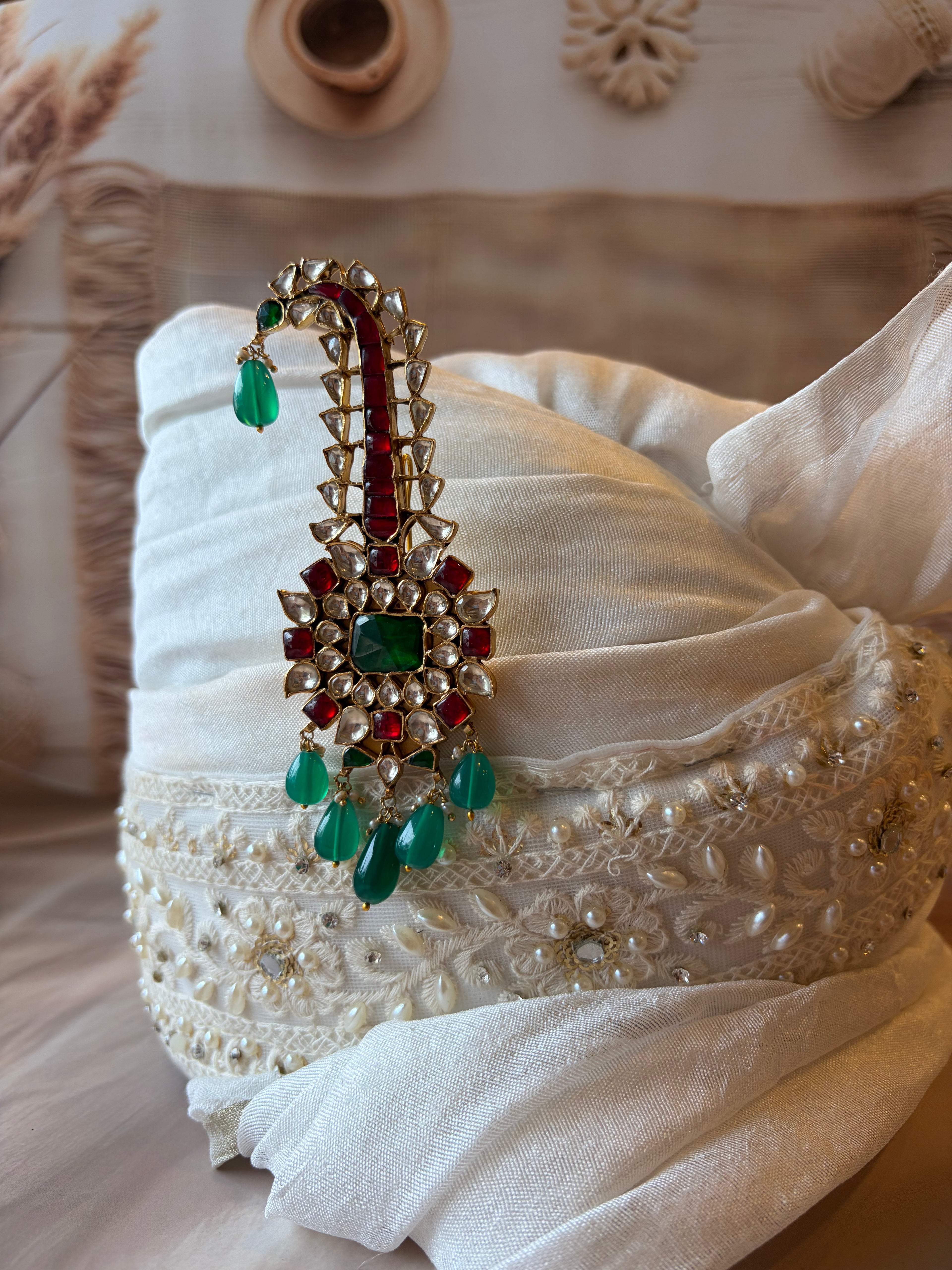 Green Red & White Stone 925 Silver Gold Plated Sarpech