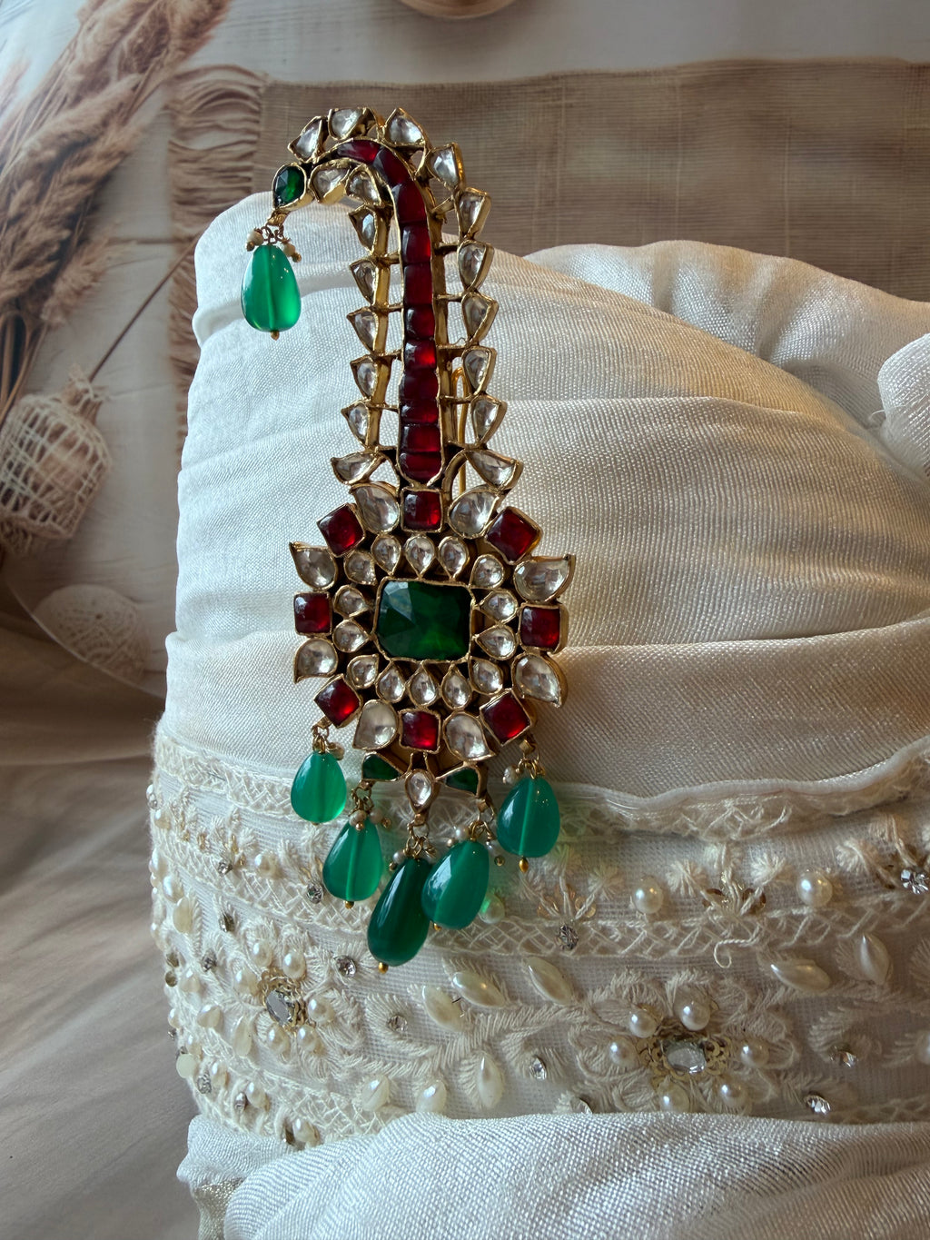 Green Red & White Stone 925 Silver Gold Plated Sarpech