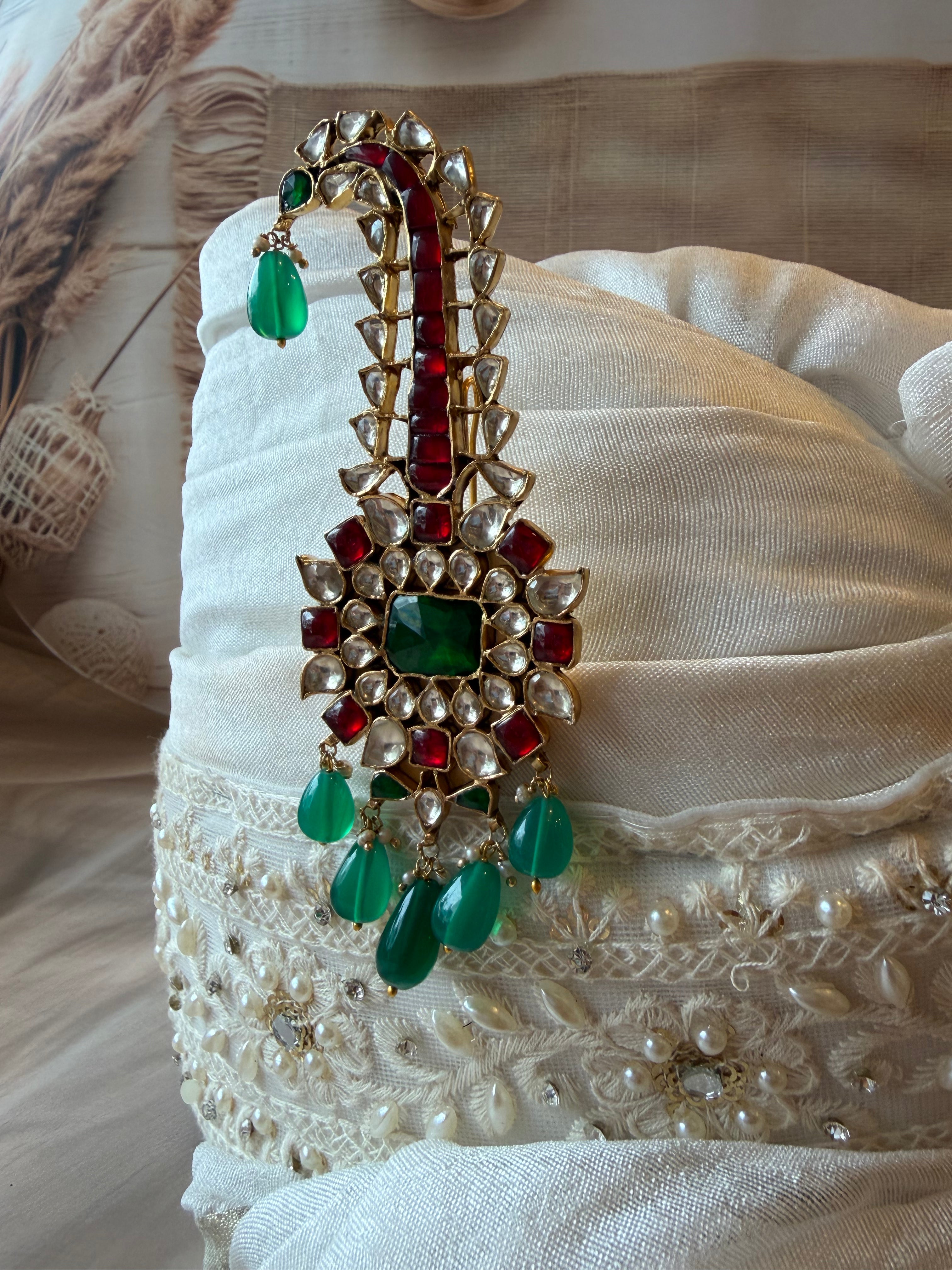 Green Red & White Stone 925 Silver Gold Plated Sarpech